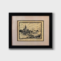 Contemporary Landscape Linoleum Block Print, "Homage"