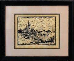 Used Contemporary Landscape Linoleum Block Print, "Homage"