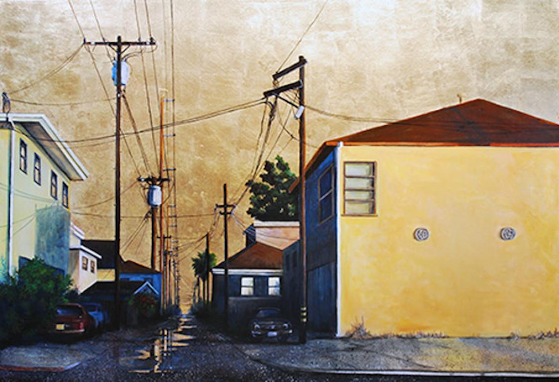 Duke Windsor  Landscape Painting - Impressionist Cityscape, "Golden Sunrise Alley"