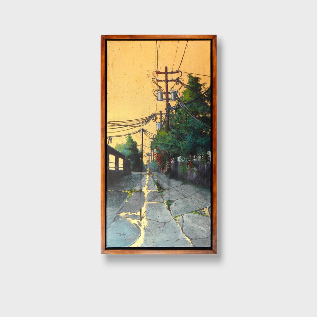 Impressionistisches Stadtbild, Acrylgemälde, „Goldene Himmel Nr. 39“, Impressionistisches Gemälde (Impressionismus), Mixed Media Art, von Duke Windsor 