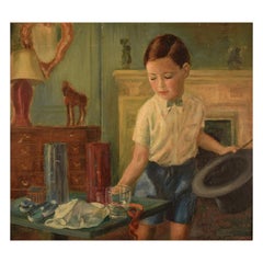 Dulcie Lambrick, England, Oil on Board, Interior with a Boy