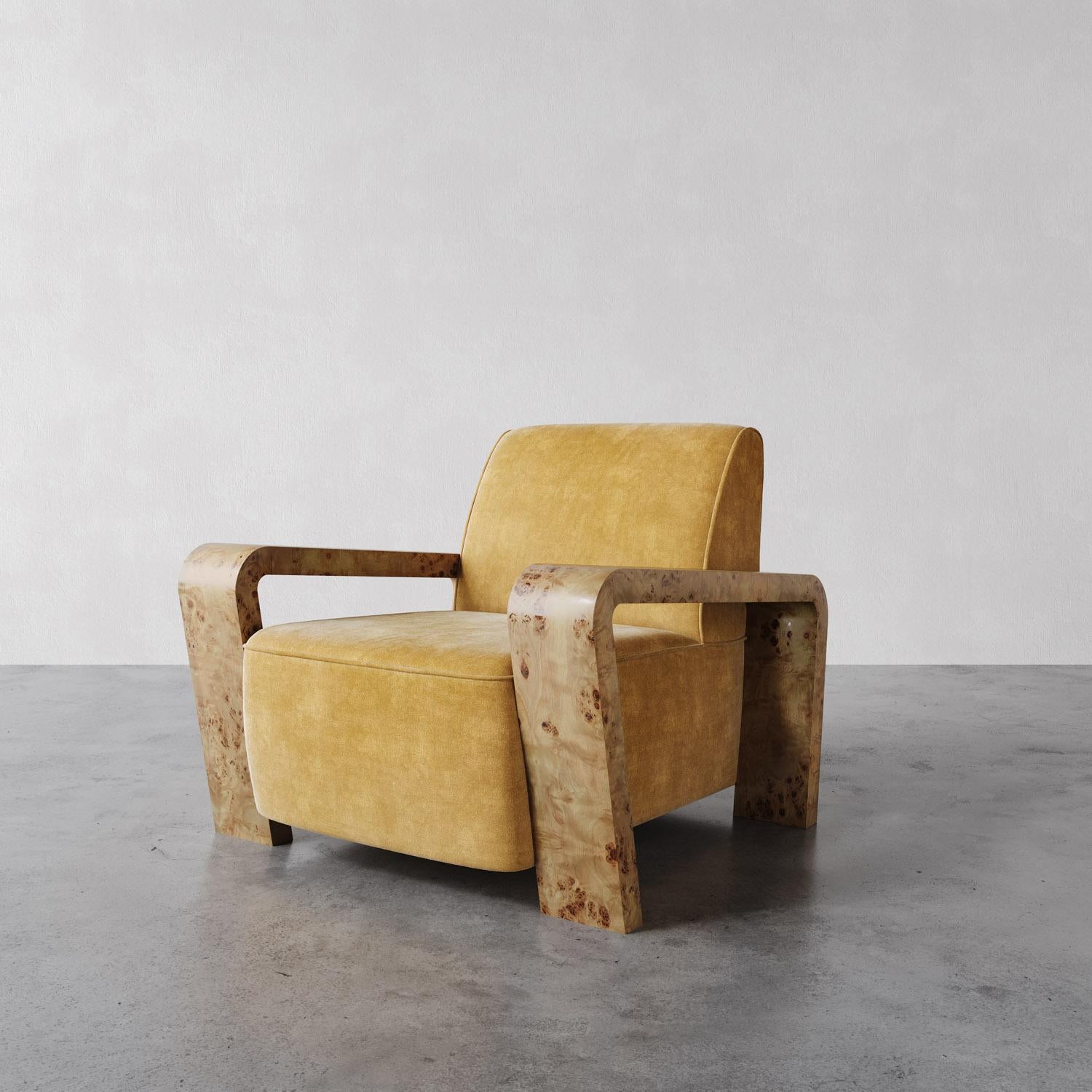 „Dumas“ Loungesessel in Holzkohle-Performance-Bouclé von Christiane Lemieux (Eichenholz) im Angebot