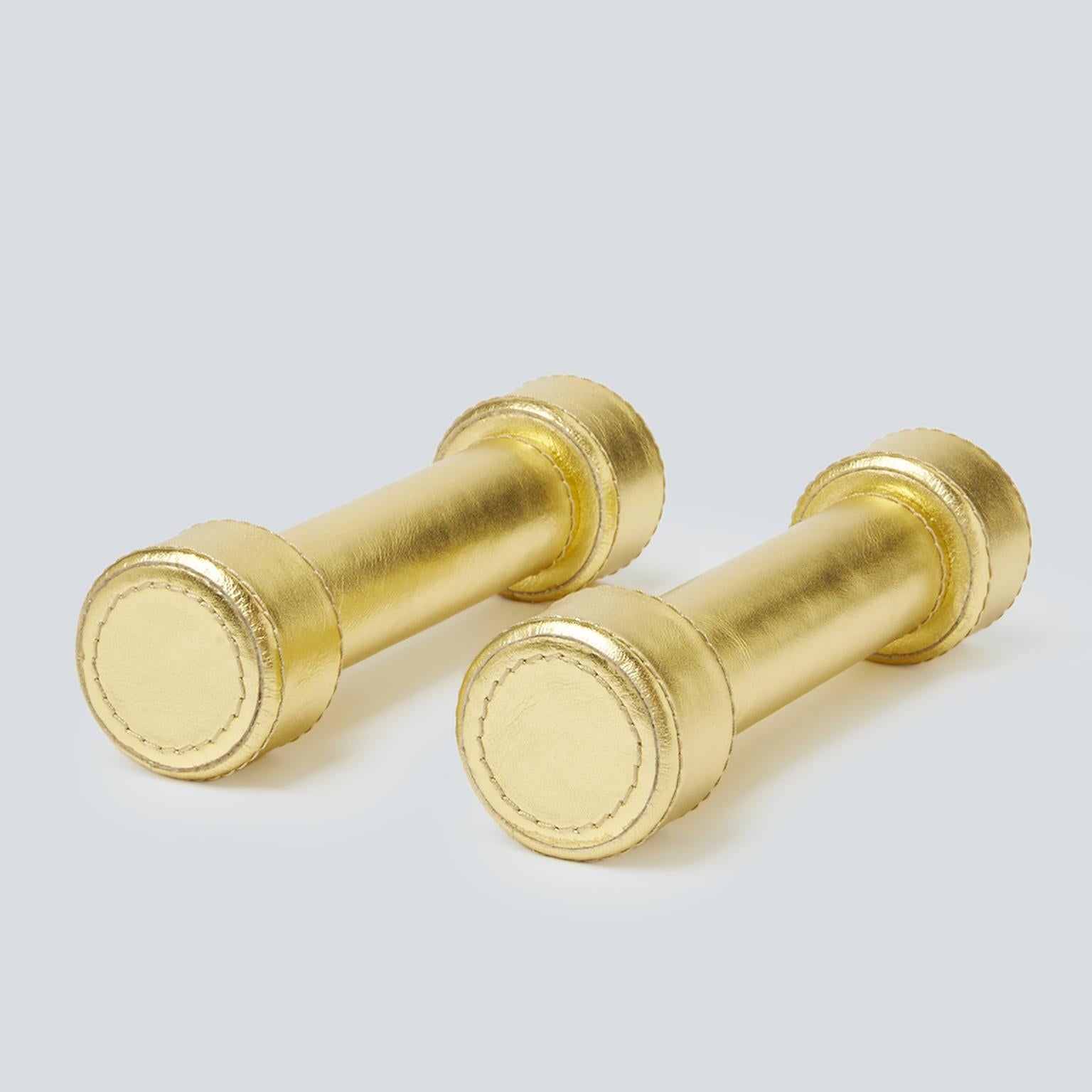 Italian Dumbbell Set in Stainless Steel Covered in Gold Leather, Atelier Biagetti