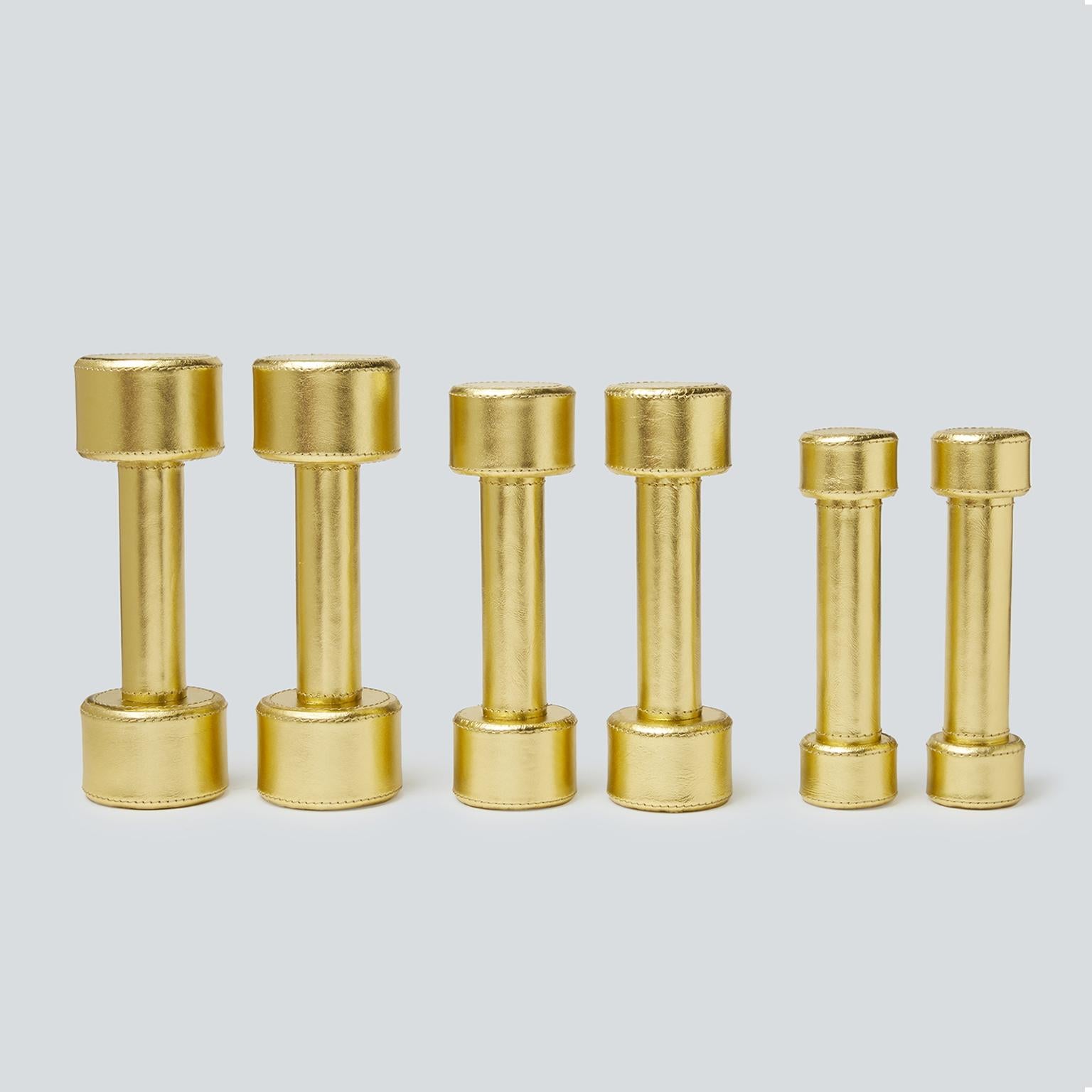 Hand-Crafted Dumbbell Set in Stainless Steel Covered in Gold Leather, Atelier Biagetti For Sale