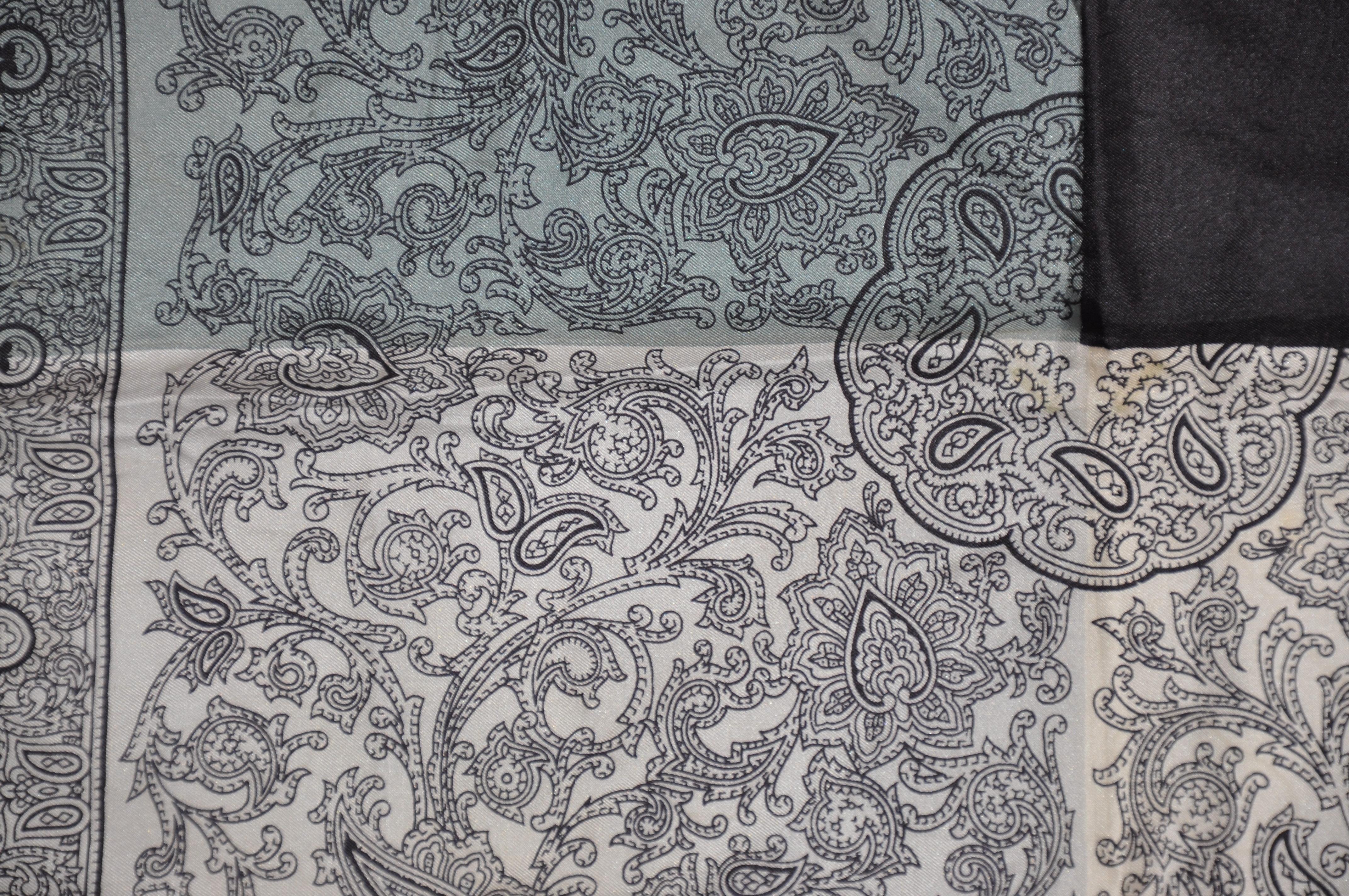 Dumont Black Border with Ivory, Gray & Steel Blue Palsey Silk Handkerchief In Good Condition For Sale In New York, NY