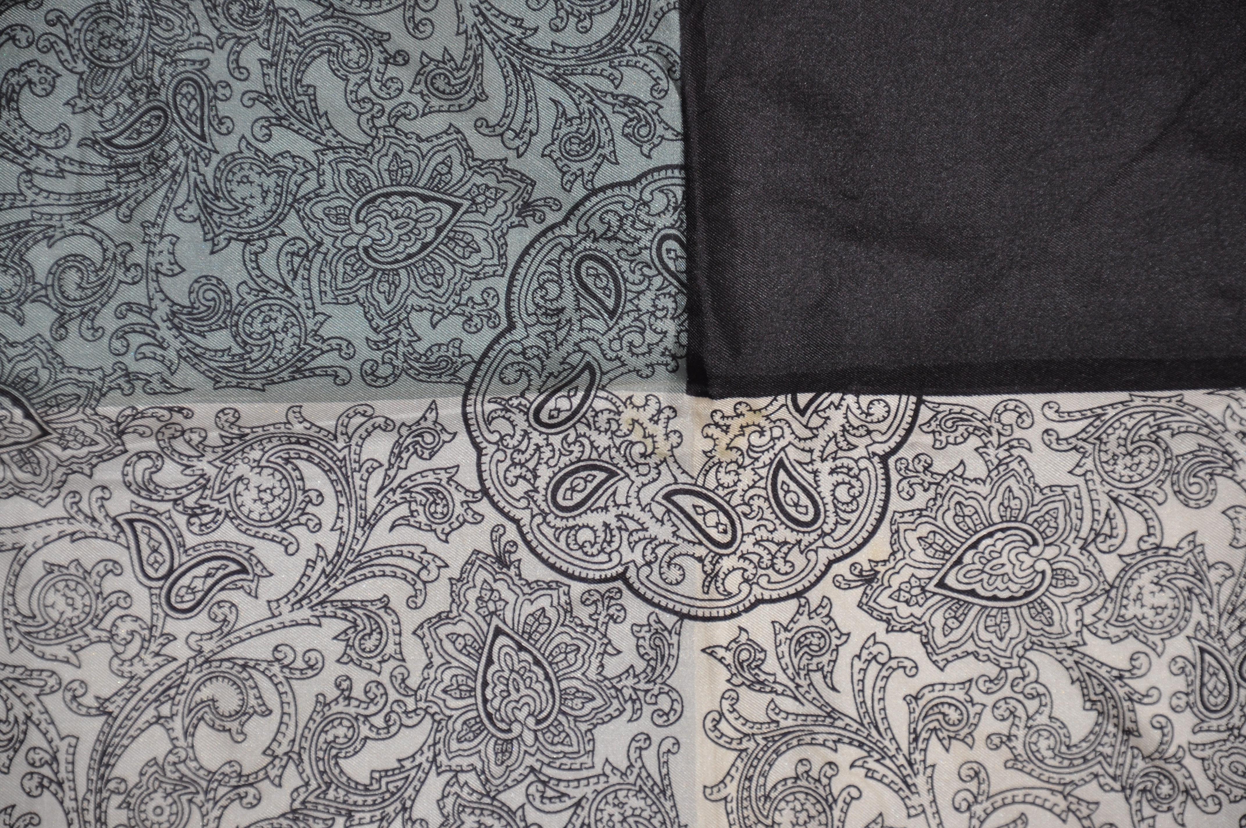 Women's or Men's Dumont Black Border with Ivory, Gray & Steel Blue Palsey Silk Handkerchief For Sale