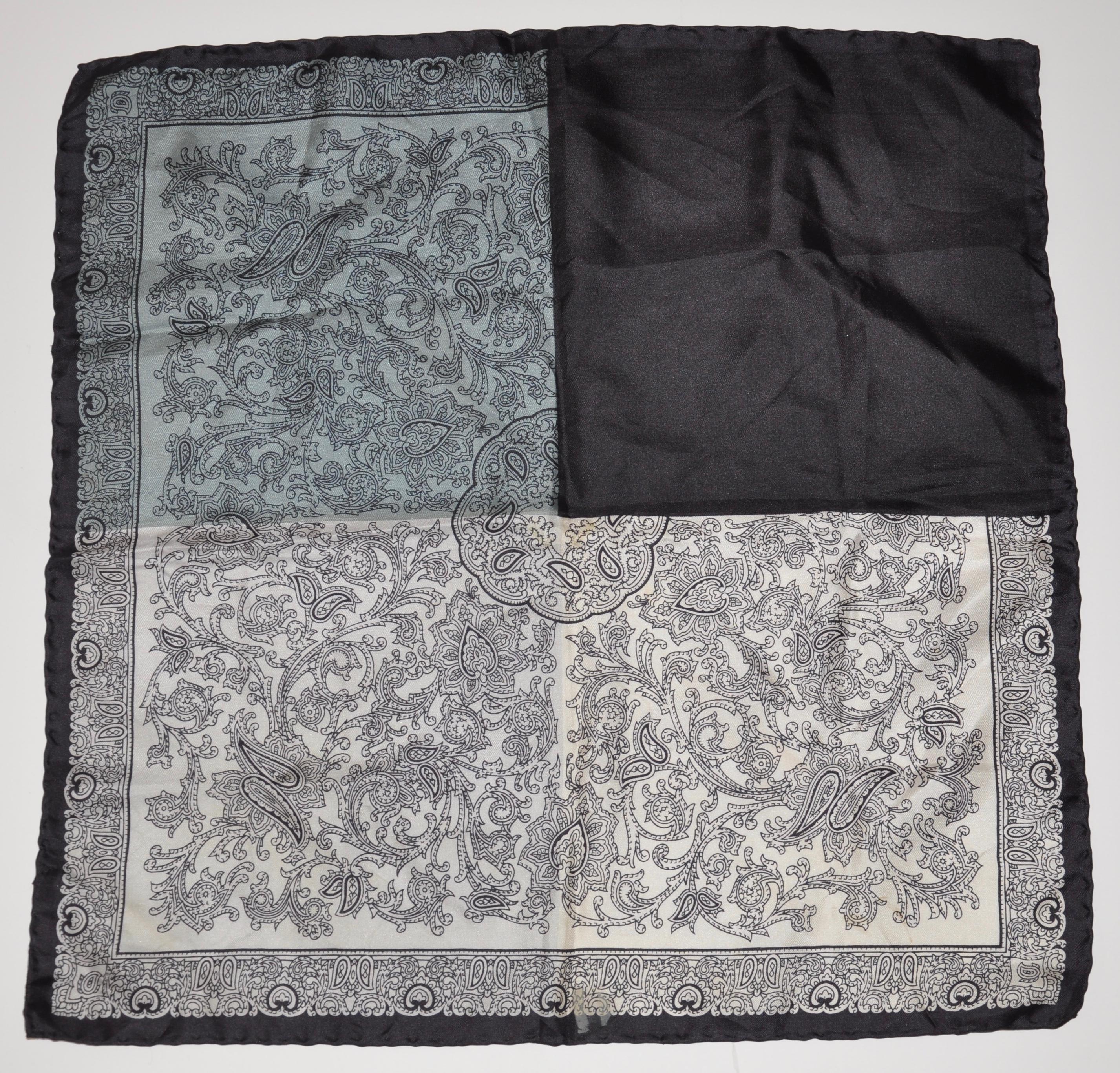 Dumont Black Border with Ivory, Gray & Steel Blue Palsey Silk Handkerchief For Sale 3