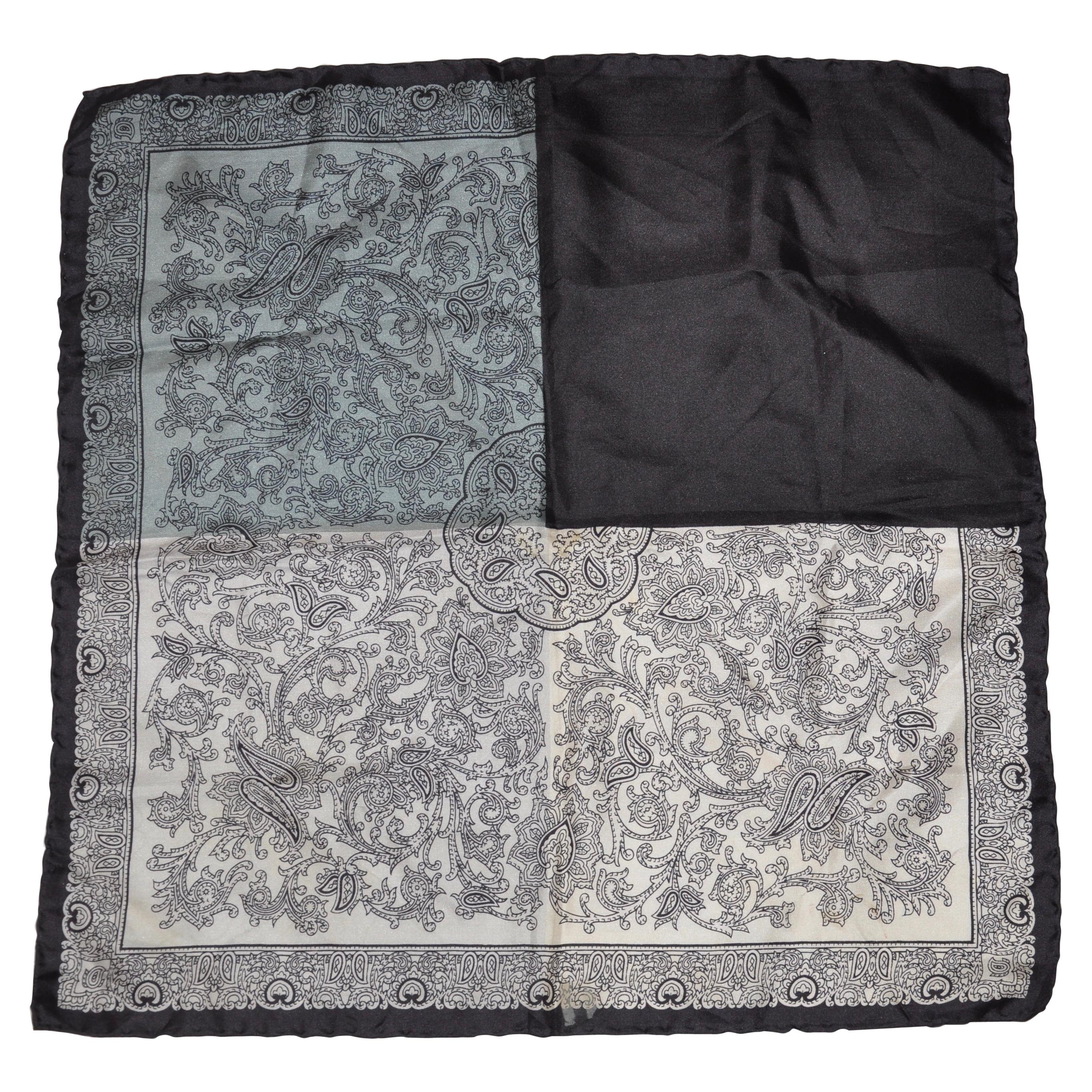 Dumont Black Border with Ivory, Gray & Steel Blue Palsey Silk Handkerchief For Sale