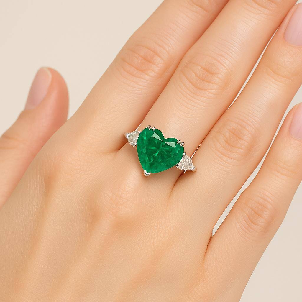 Contemporain Dunaigre Certified 11.06ct Heart-Shaped Emerald Pear Diamond Platinum Ring en vente