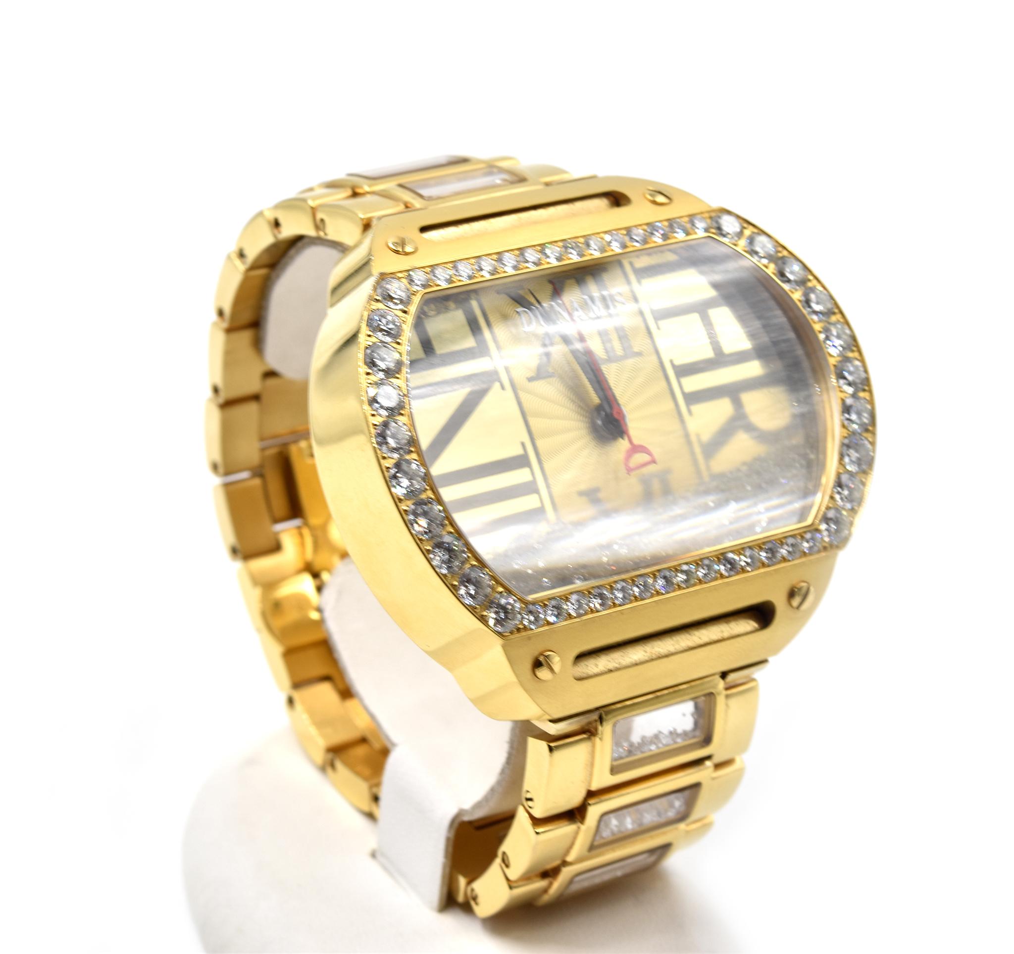 Movement: automatic swiss movement
Function: hours, minutes, seconds
Case: 54.7mm x 60.3mm yellow stainless-steel case, sapphire protective crystal, screw-down crown, water resistant to 5 ATM
Dial: liquid diamond dial with black and red hands
Band: