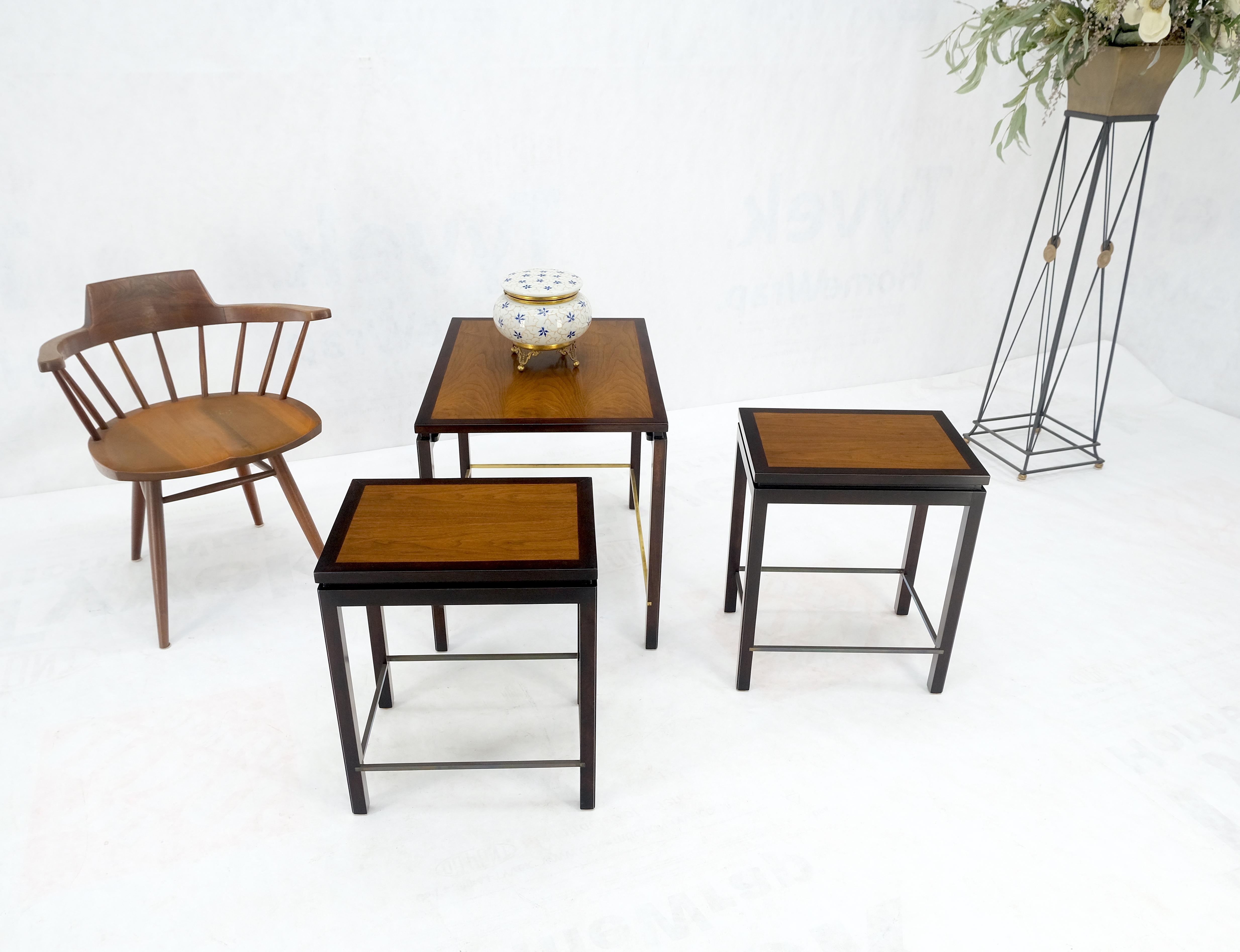 Dunbar 1970s Ebonised Walnut Brass Stretcher Set of 3 Nesting Side End Tables  For Sale 4