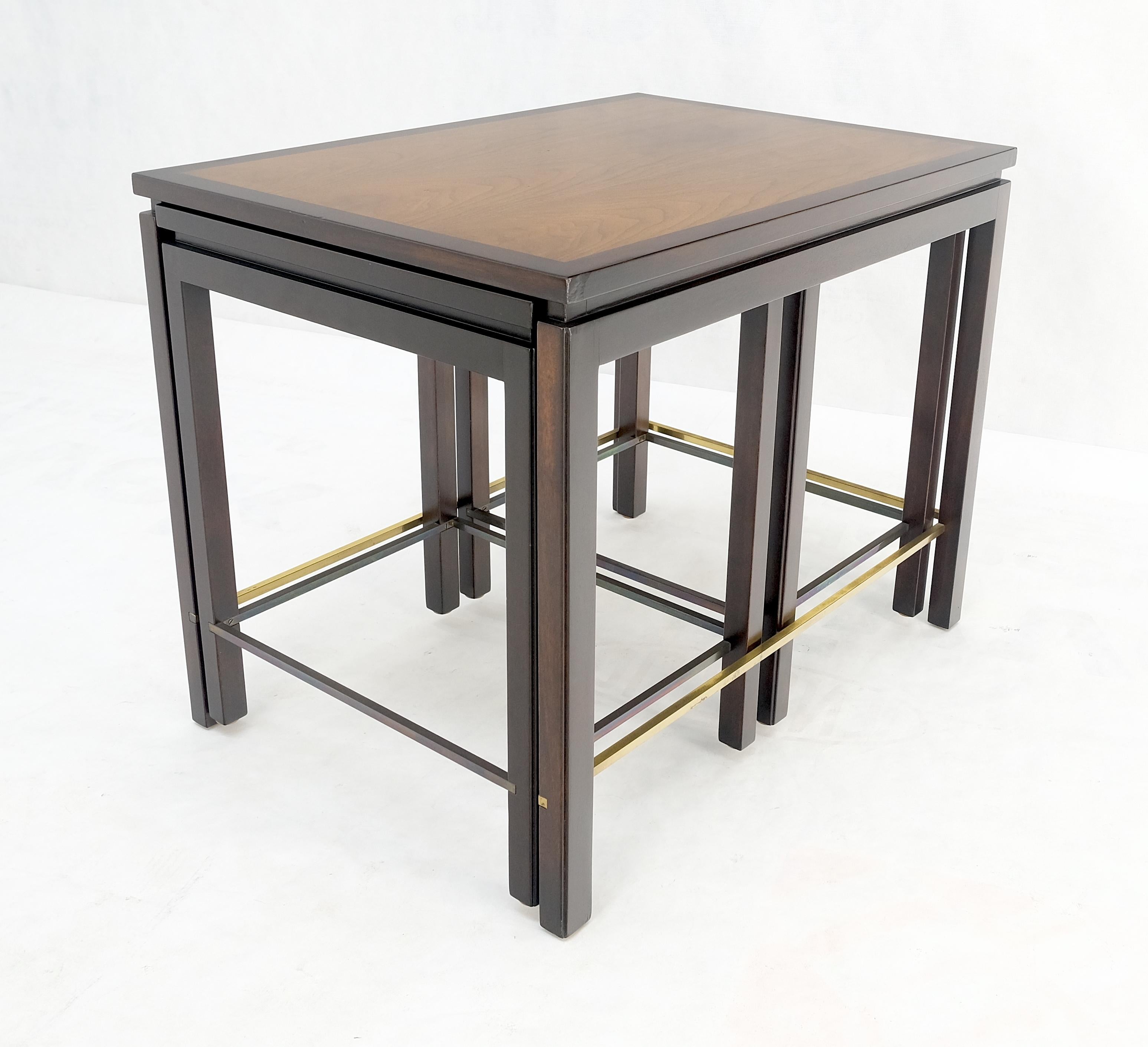 Mid-Century Modern Dunbar 1970s Ebonised Walnut Brass Stretcher Set of 3 Nesting Side End Tables  For Sale
