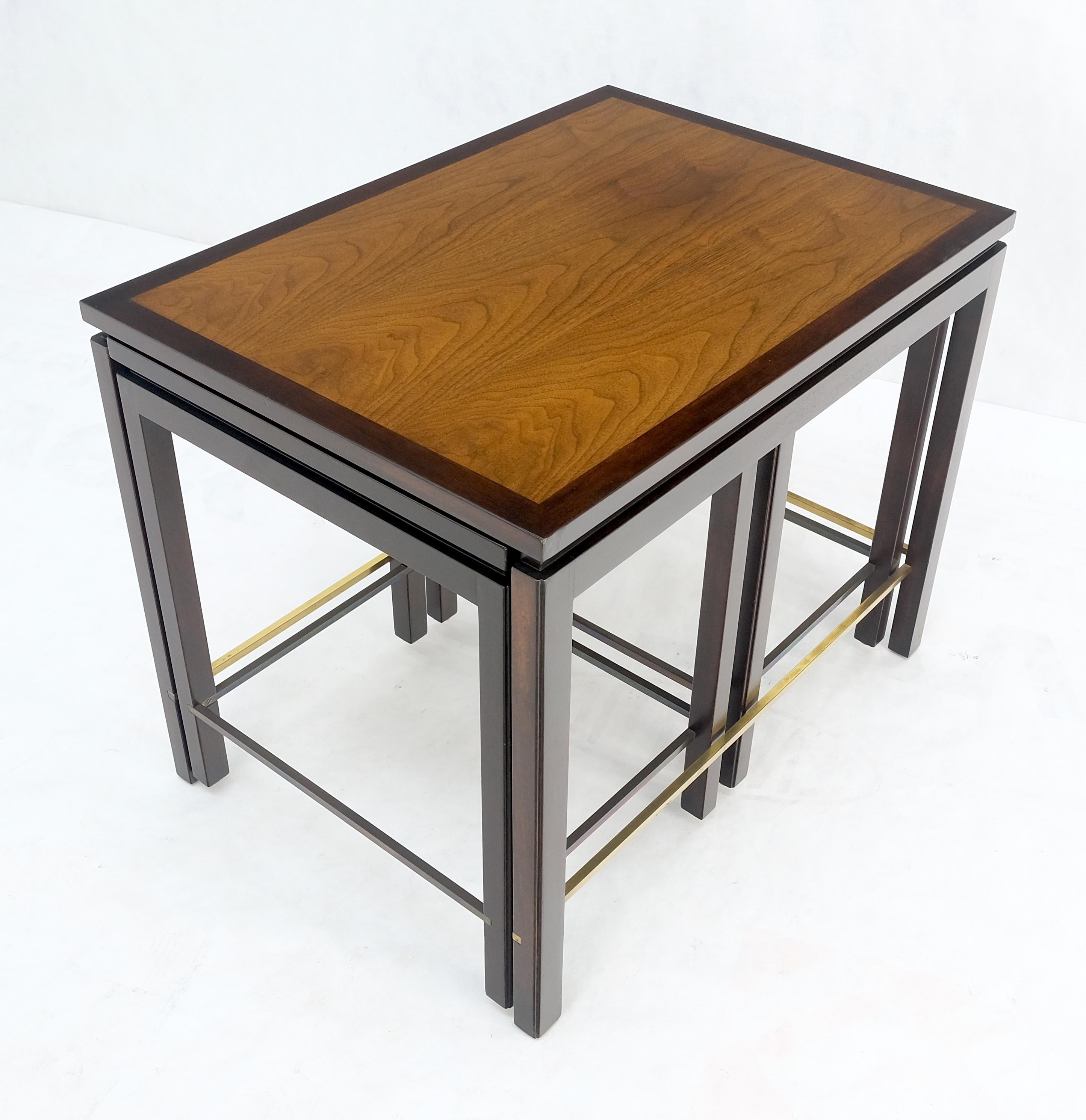 American Dunbar 1970s Ebonised Walnut Brass Stretcher Set of 3 Nesting Side End Tables  For Sale