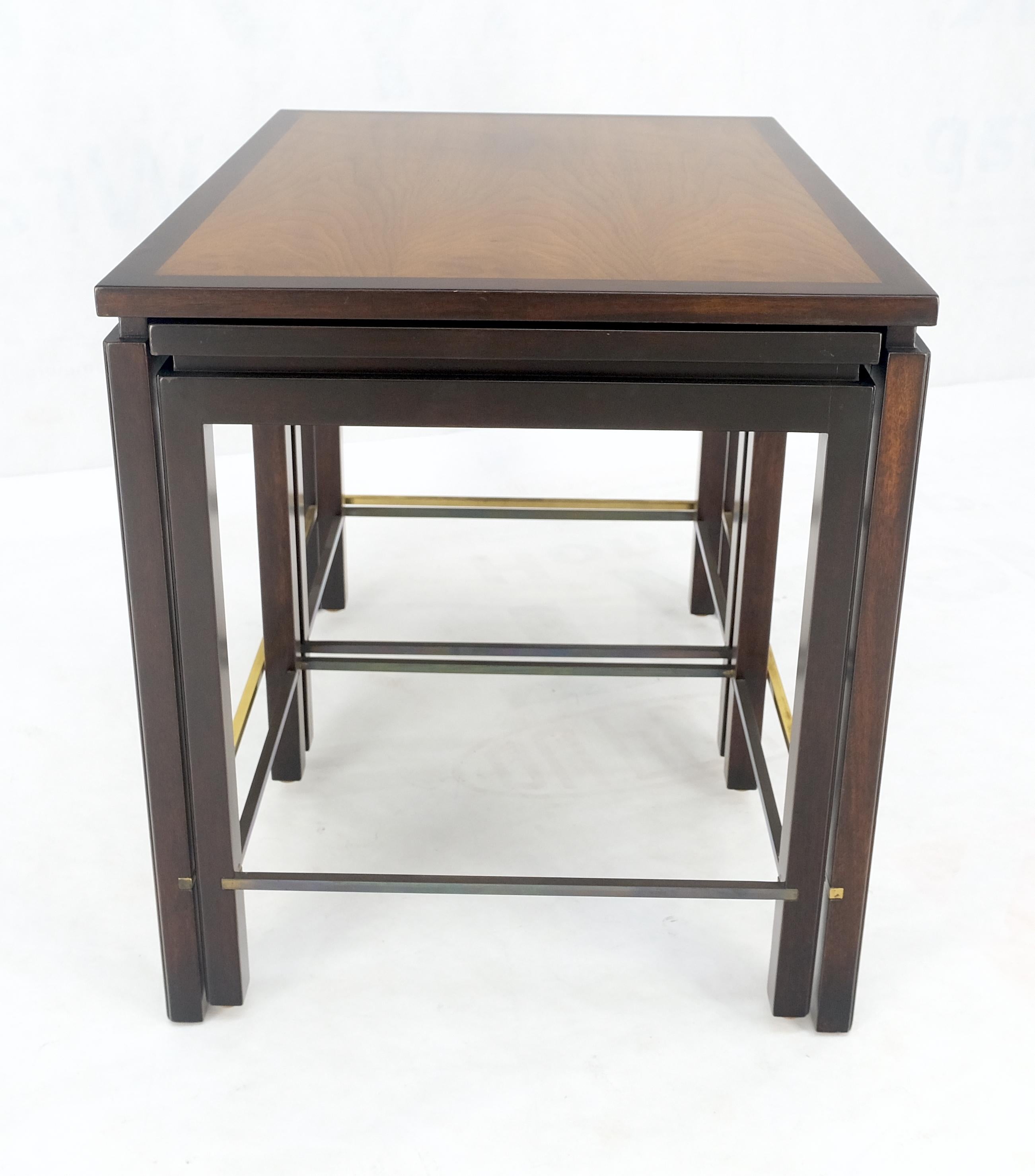 Lacquered Dunbar 1970s Ebonised Walnut Brass Stretcher Set of 3 Nesting Side End Tables  For Sale