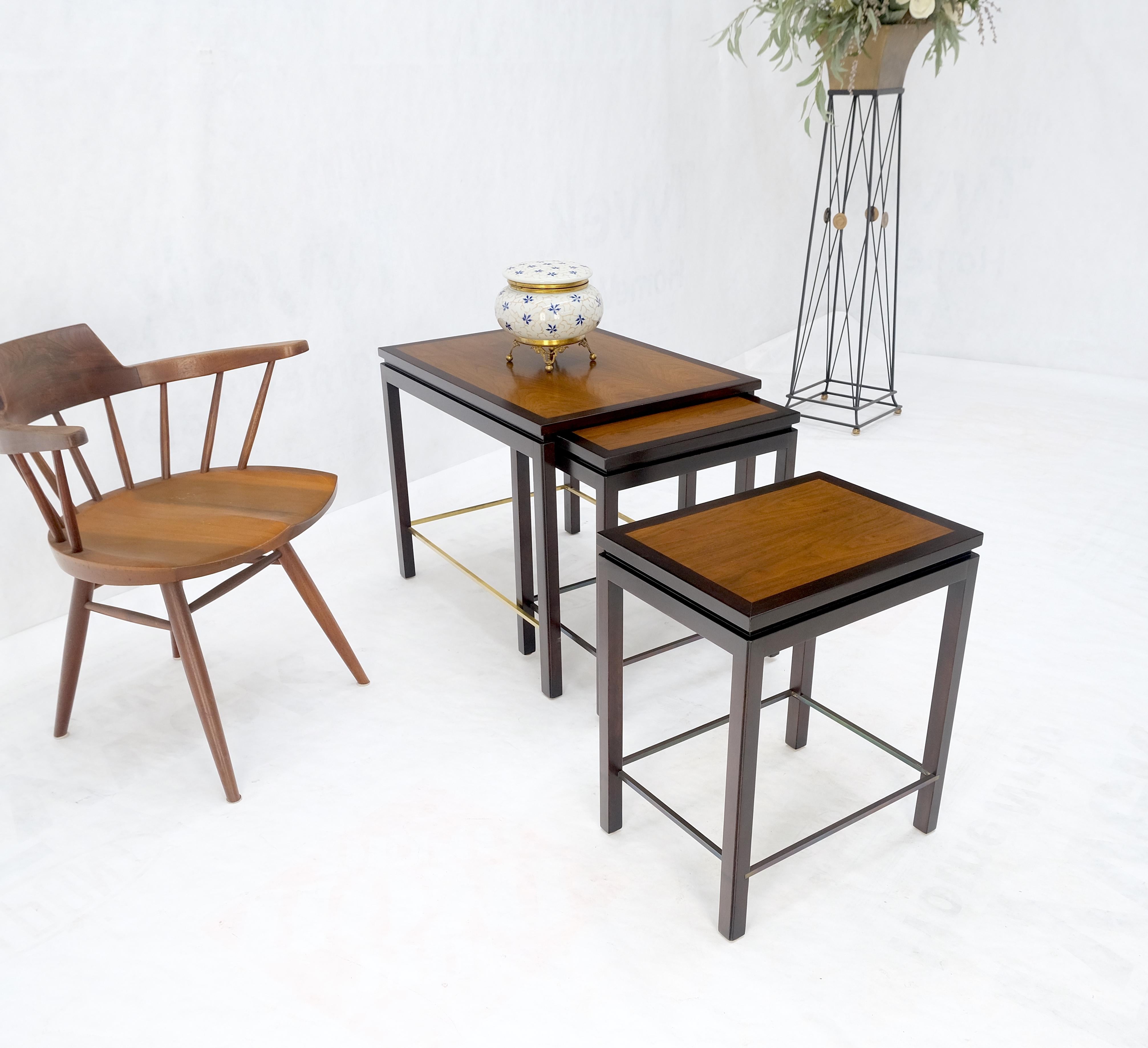 Dunbar 1970s Ebonised Walnut Brass Stretcher Set of 3 Nesting Side End Tables  For Sale 1