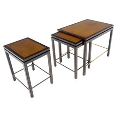 Dunbar 1970s Ebonised Walnut Brass Stretcher Set of 3 Nesting Side End Tables 