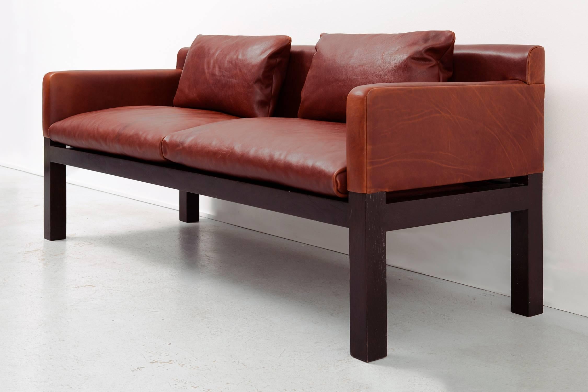 American Dunbar Ashwood Post and Beam Leather Sofa by John Saladino For Sale