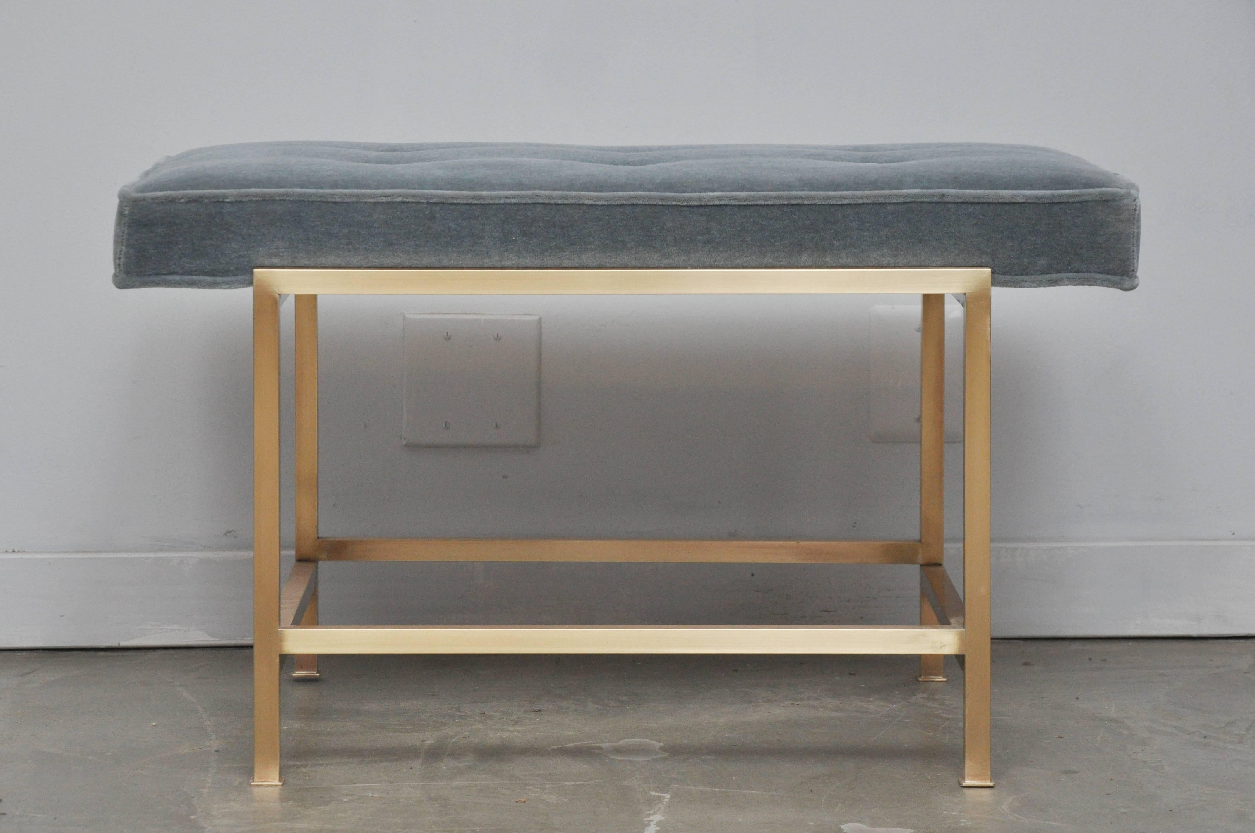 Brass frame bench by Edward Wormley for Dunbar. Fully restored, polished, and reupholstered in mohair.