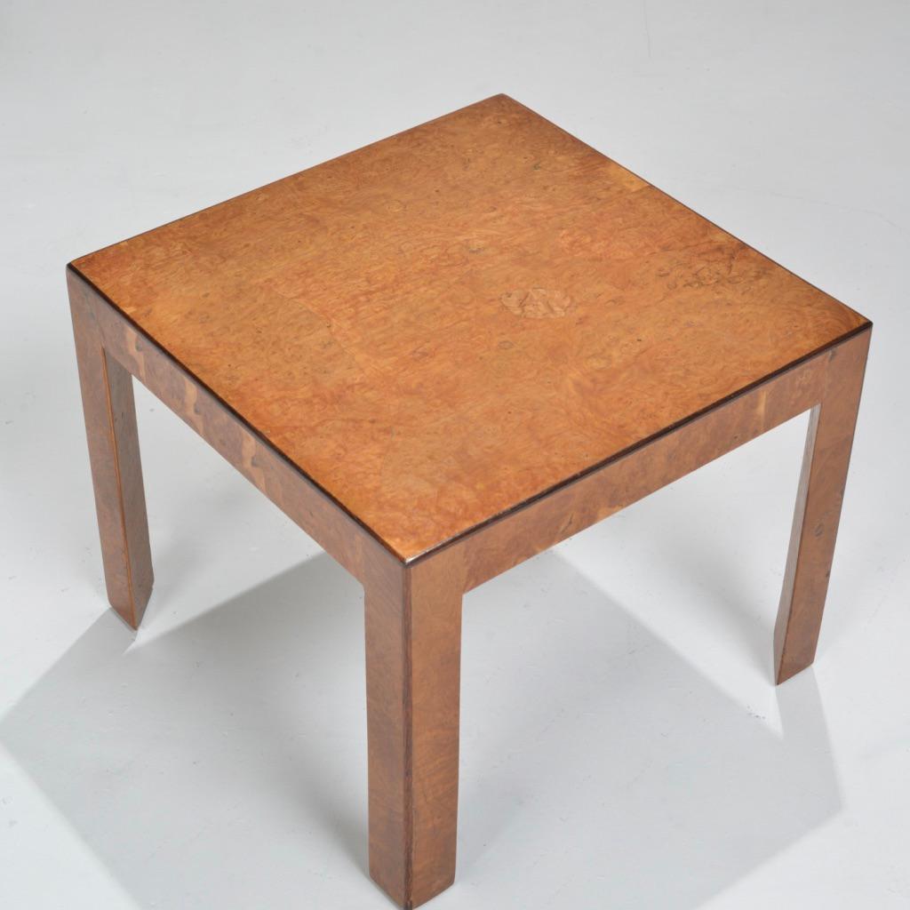 Square burled elm side table with sleek triangular legs. 
This table has beautiful clean lines and a gorgeous wood grain.