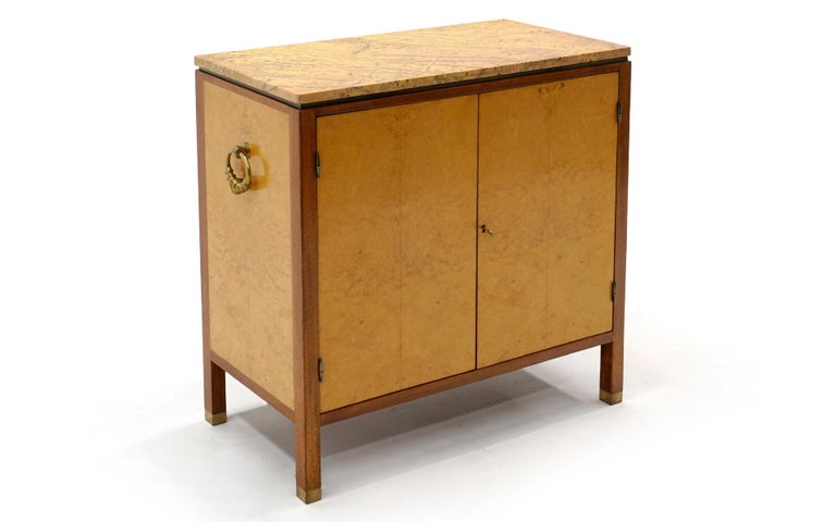 Hollywood Regency Dunbar Cabinet in Burl, Brass Mahogany and Yellow / Gold Lamartine Marble For Sale