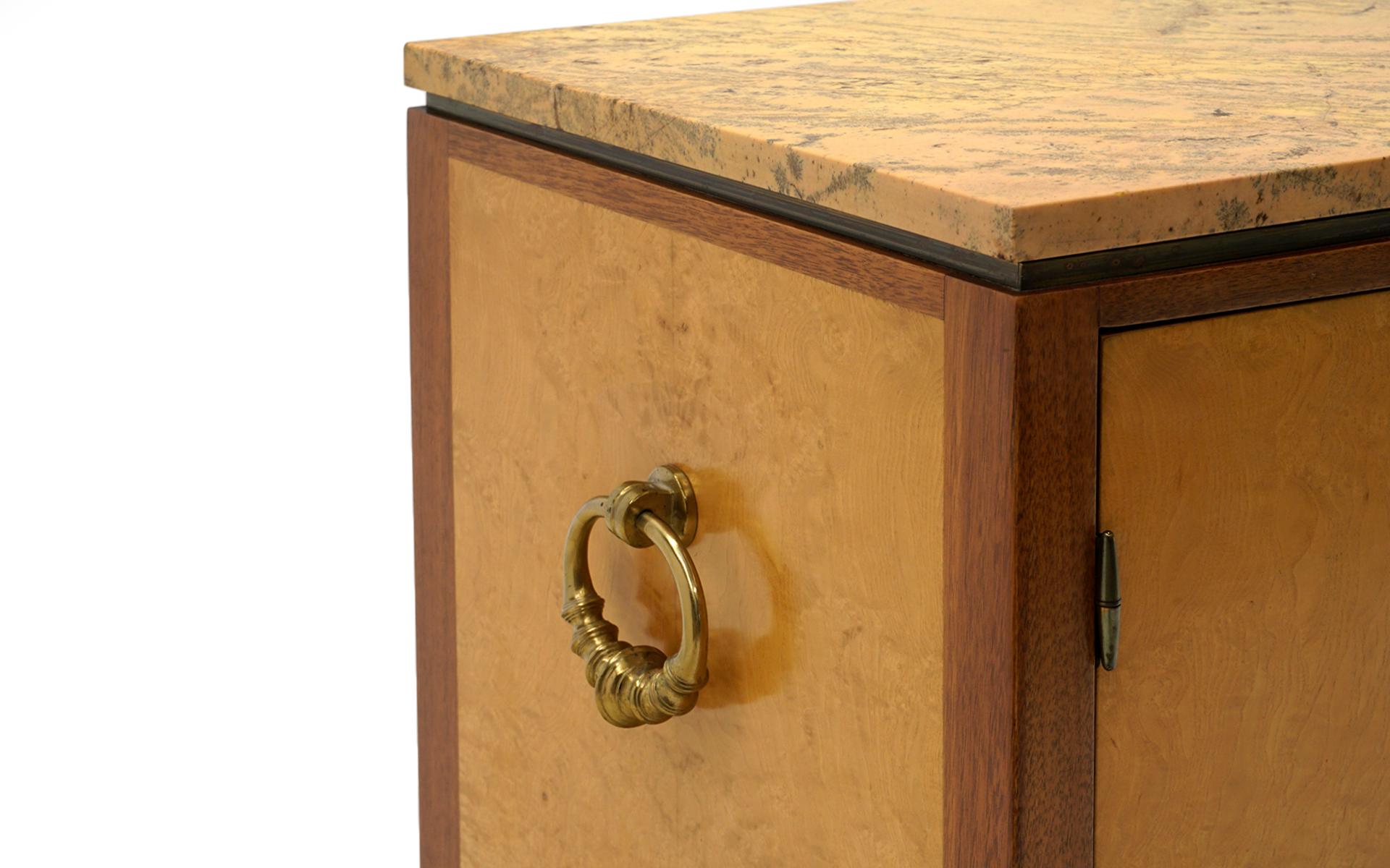 Mid-20th Century Dunbar Cabinet in Burl, Brass Mahogany and Yellow / Gold Lamartine Marble For Sale