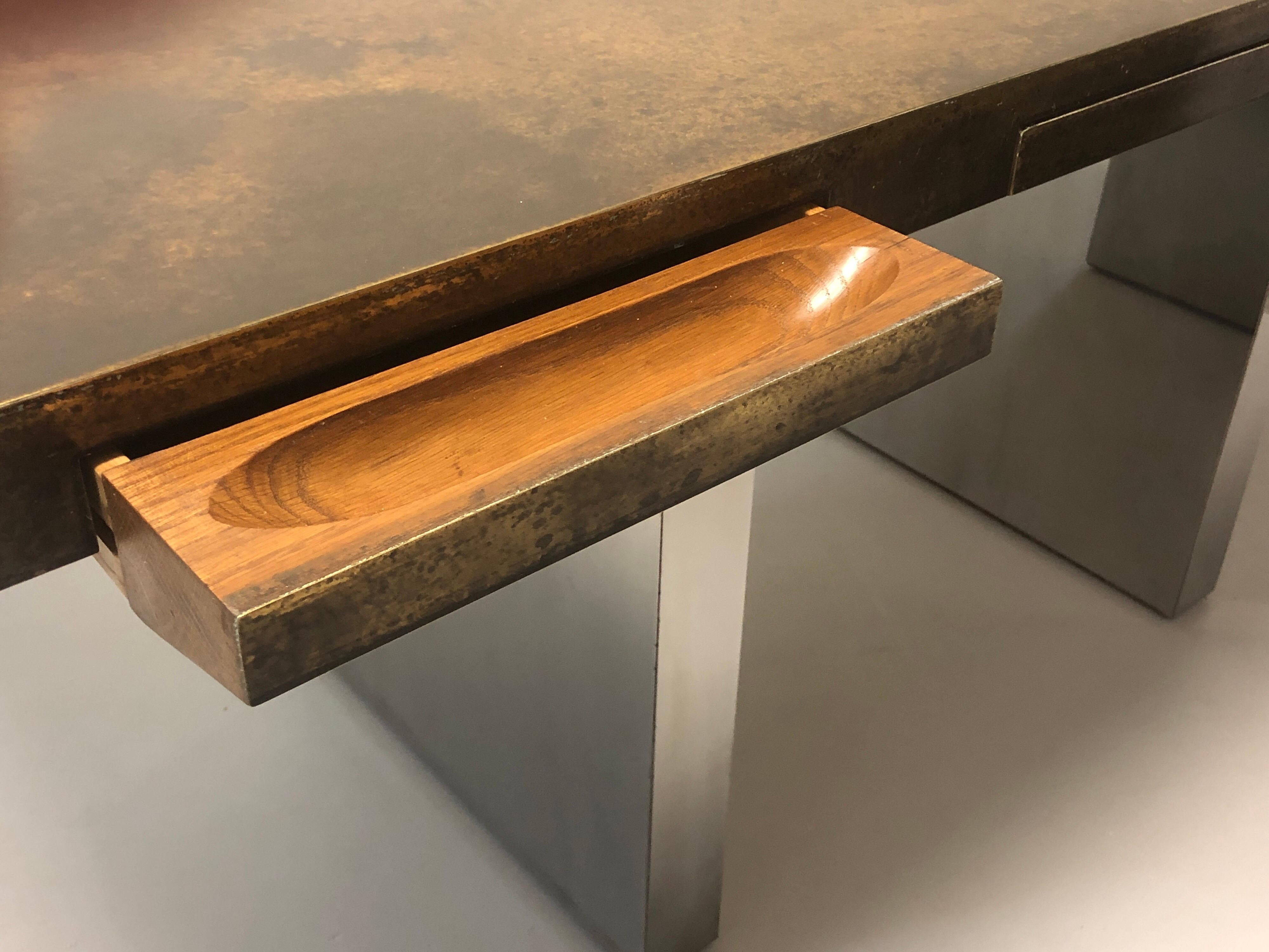 Dunbar Desk with Patinated Brass Top and Stainless Steel Bases 5