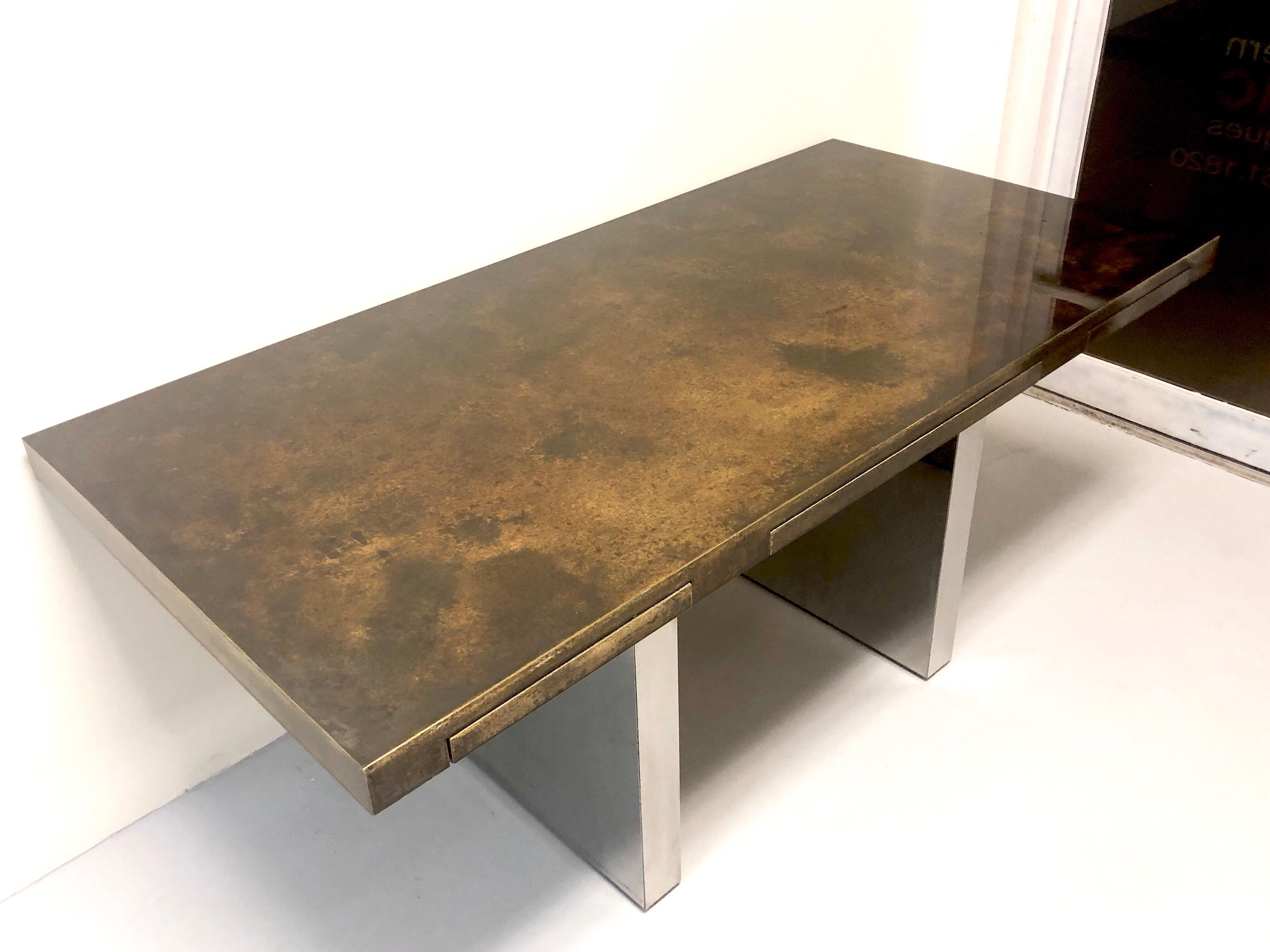 American Dunbar Desk with Patinated Brass Top and Stainless Steel Bases