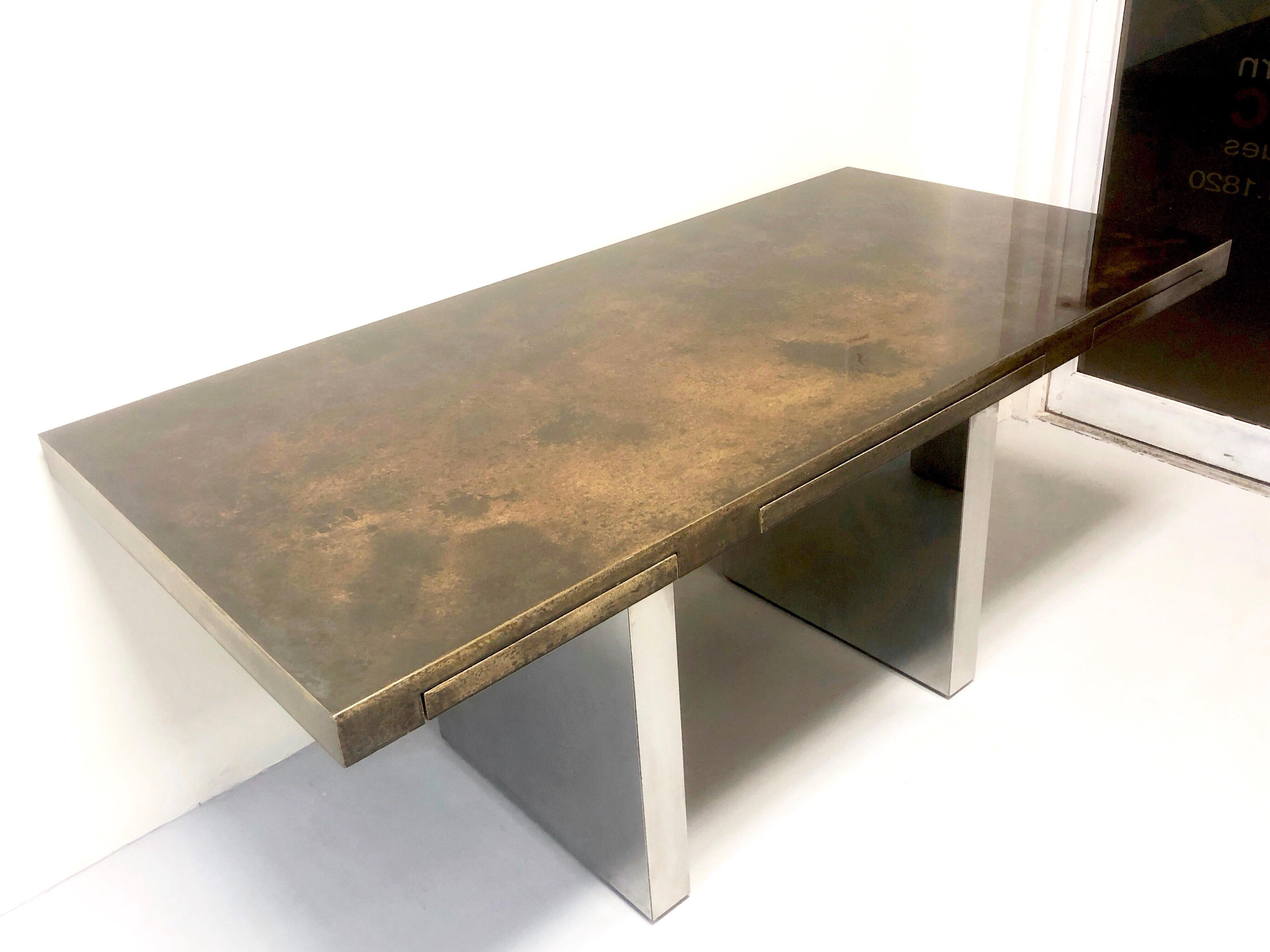 Dunbar Desk with Patinated Brass Top and Stainless Steel Bases In Good Condition In Miami, FL