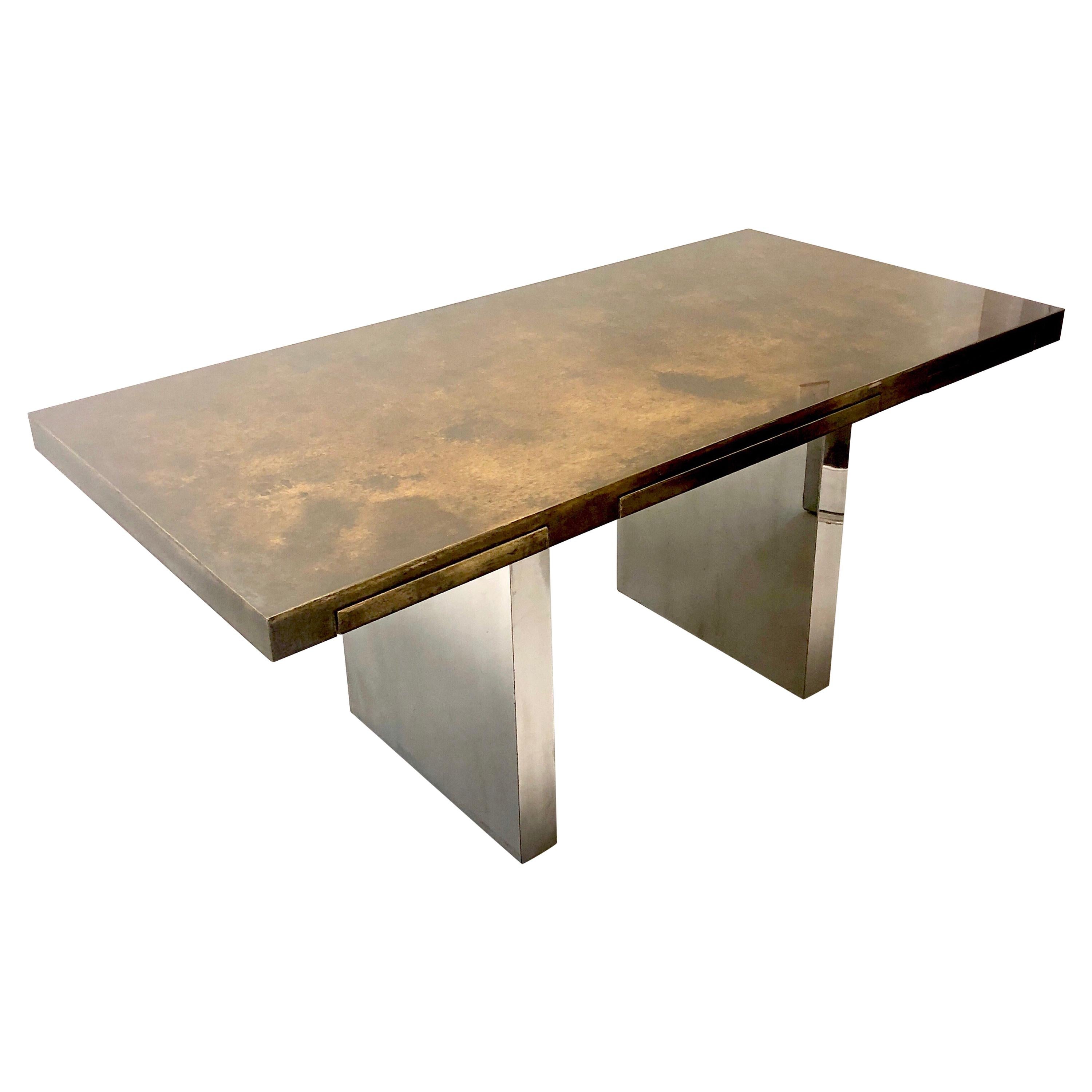 Dunbar Desk with Patinated Brass Top and Stainless Steel Bases