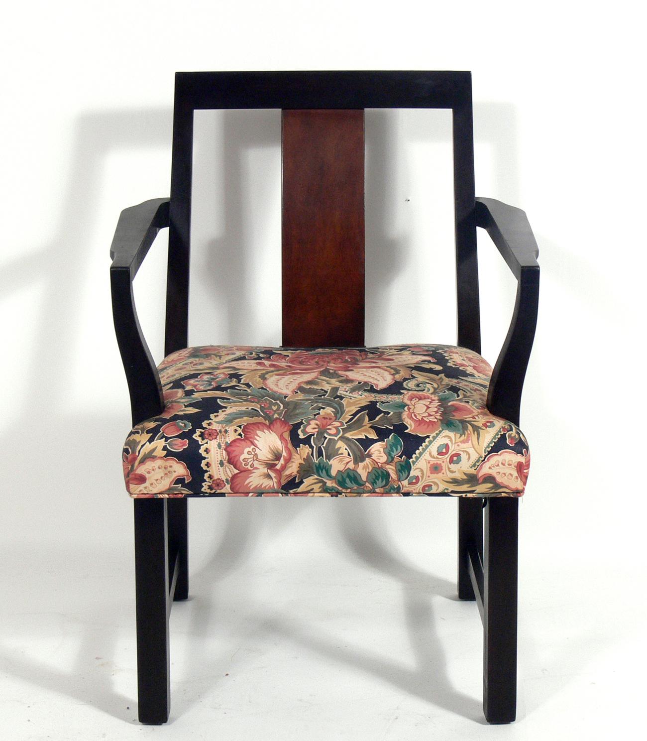 Set of six dining chairs, designed by Edward Wormley for Dunbar, American, circa 1950s. Elegant modern form with a subtle Asian influence to the design. The set consists of two armchairs and four side chairs. They are being reupholstered and can be