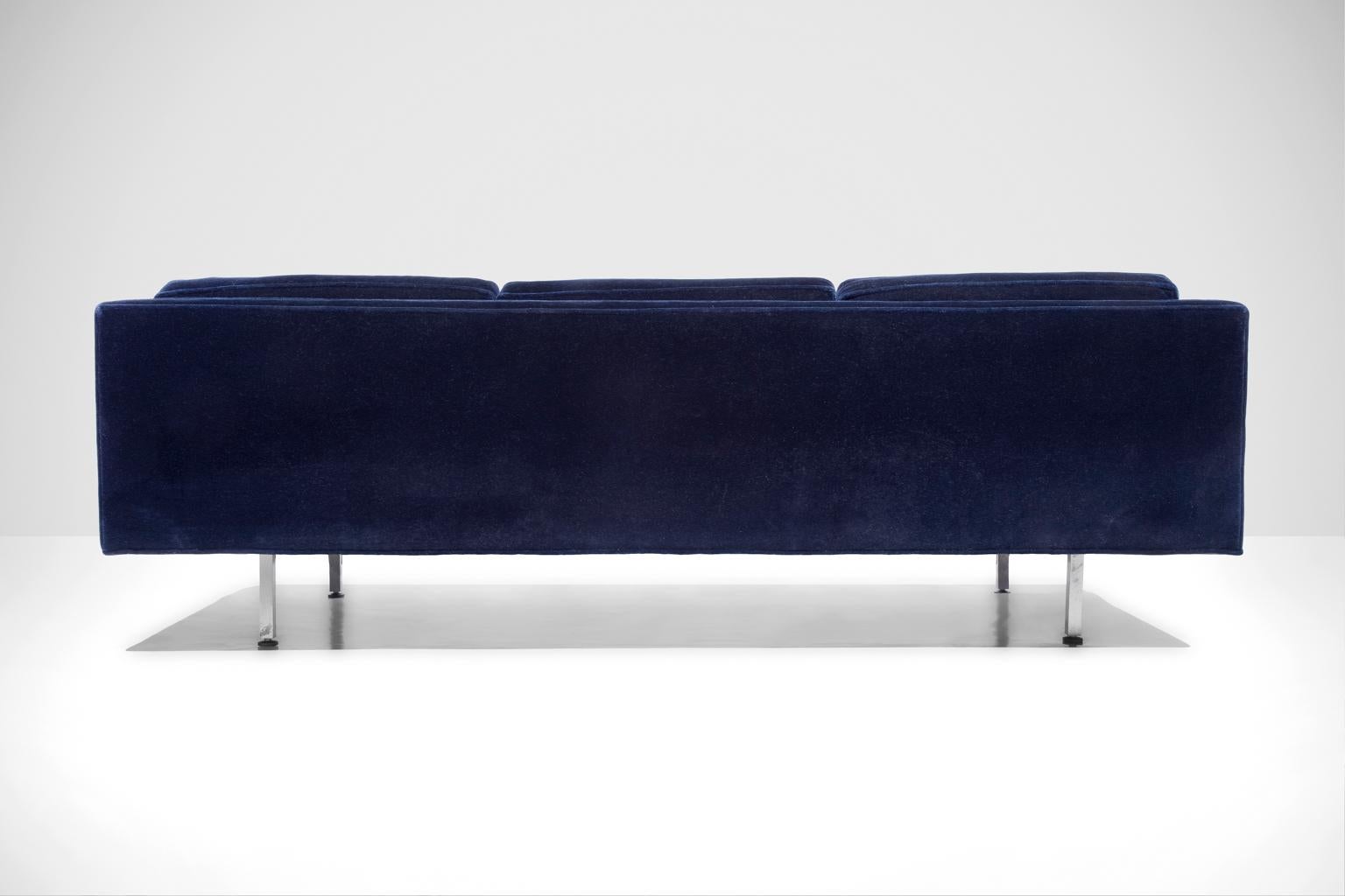 SALE ONE WEEK ONLY

Rare Mid-Century Rich Royal Blue Alpaca Three-seat Sofa by Edward Wormley for Dunbar sits on square chrome legs. It has one tufted seat cushion and three loose back cushions and is covered in luxurious Alpaca fabric that
