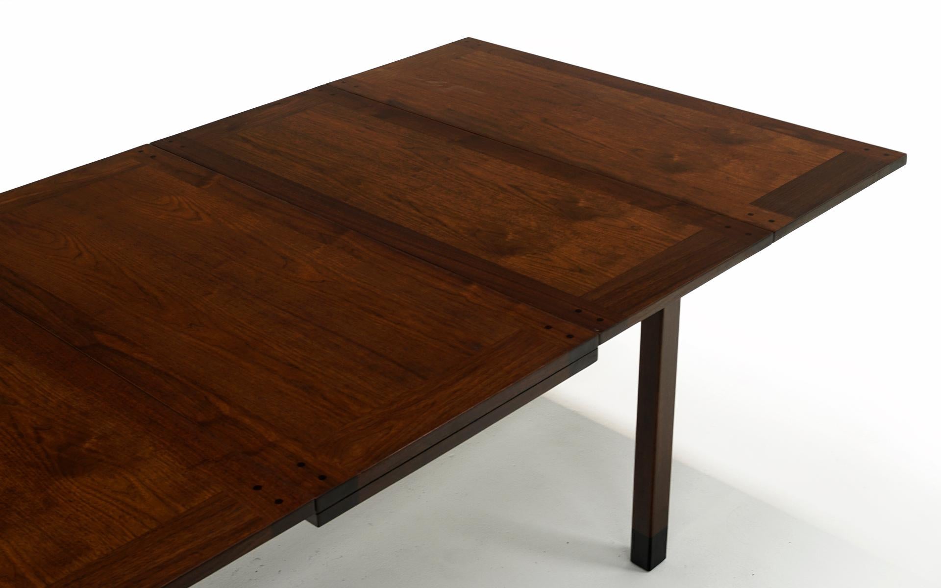 Brass Dunbar Extension Dining Table. Walnut with Two 15 Inch Stored Leaves, SEE VIDEO! For Sale