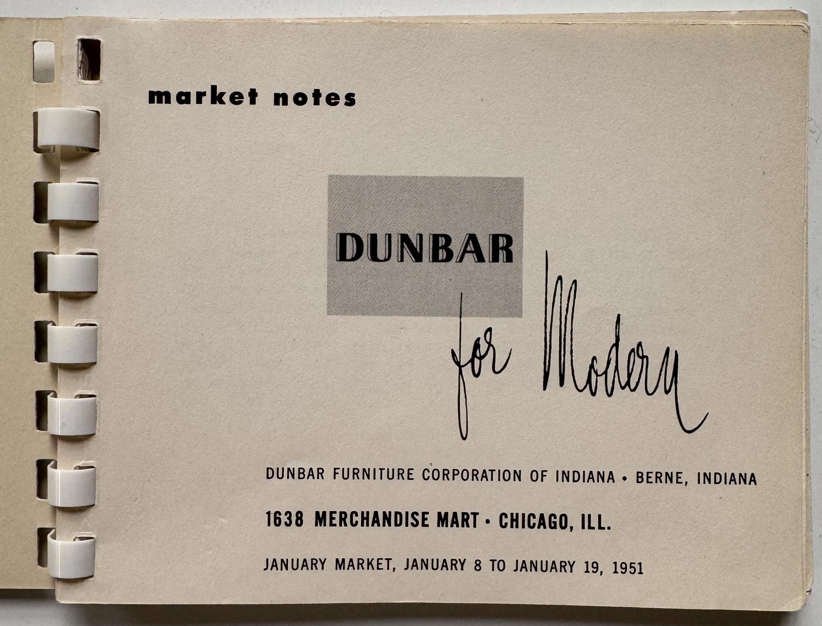Small format brochure published in January 1951 showcasing 39 Edward Wormley designs for Dunbar Furniture, presented at the Chicago Merchandise Mart. Highlights include the Sleepy Hollow chair, Schoolmaster’s Bench, Long John Coffee Table,