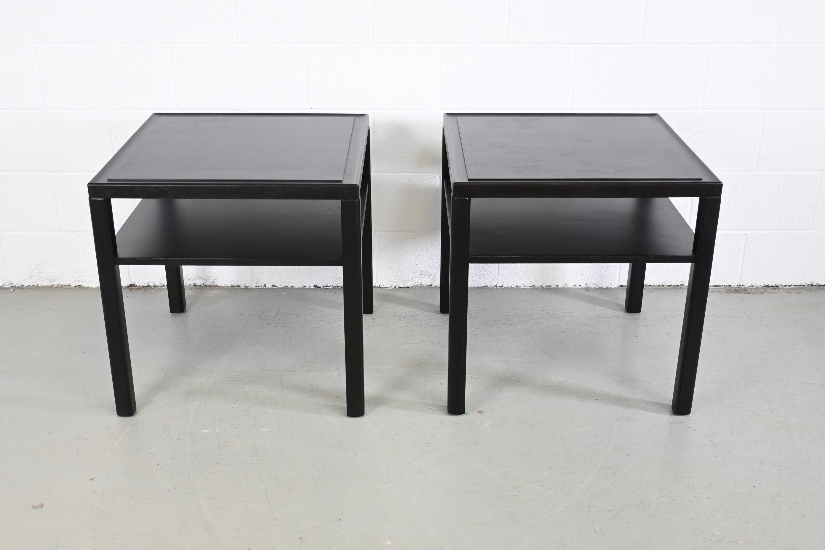Lacquered Dunbar Furniture Ebonized Mid-Century Modern Two Tiered End Tables, a Pair