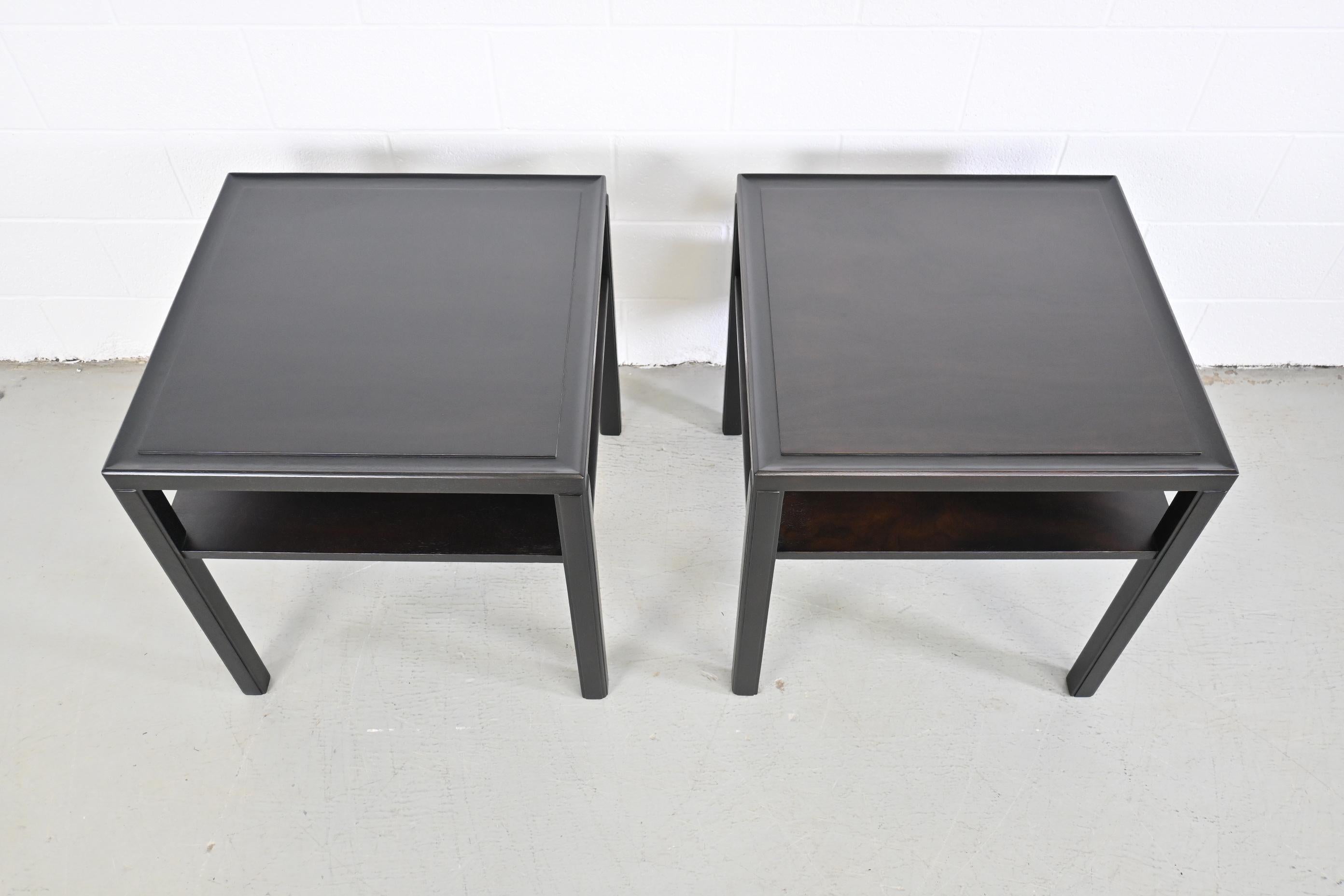 Mahogany Dunbar Furniture Ebonized Mid-Century Modern Two Tiered End Tables, a Pair