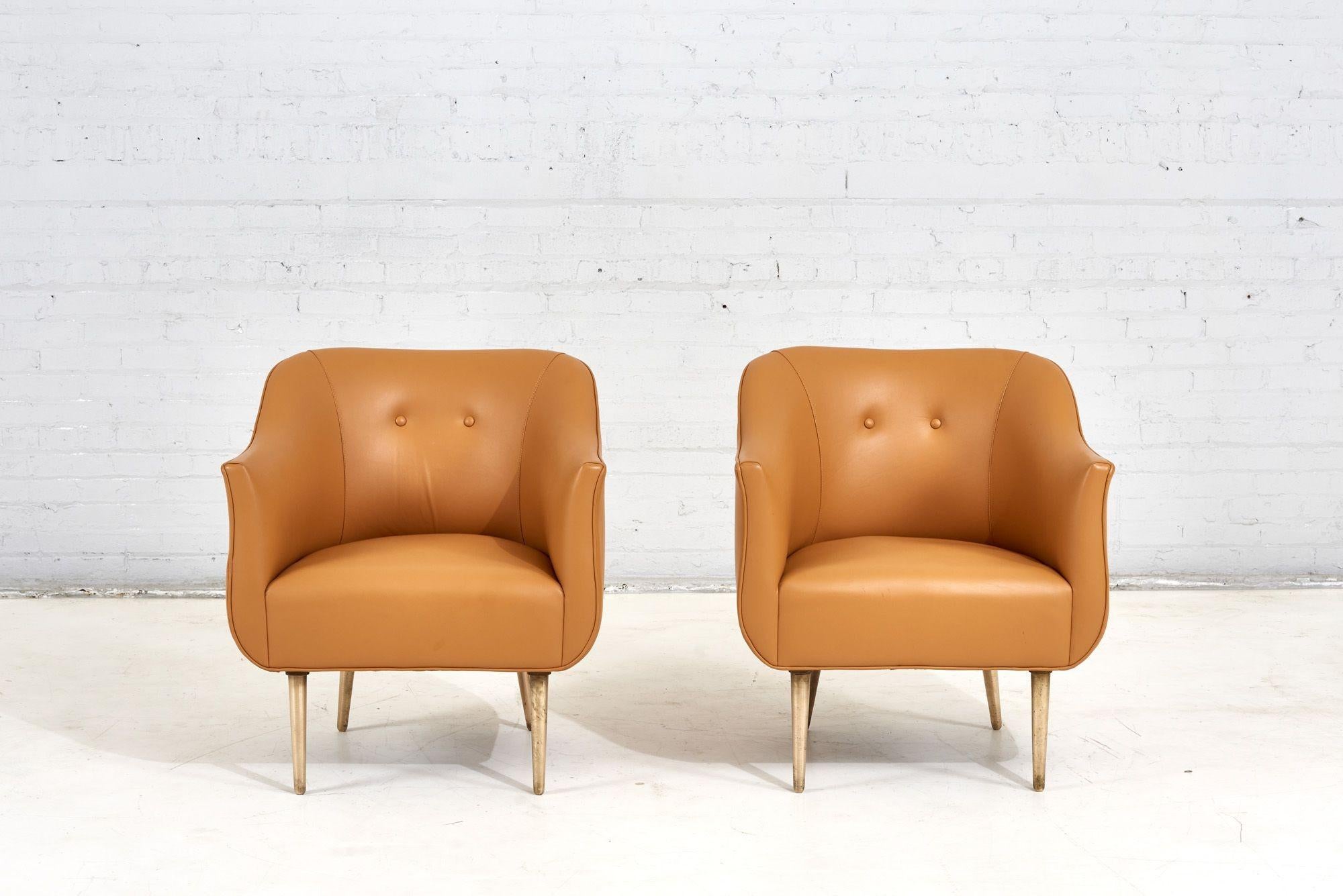 Dunbar Leather and Brass Lounge Chairs by Edward Wormley, 1960. Original leather.