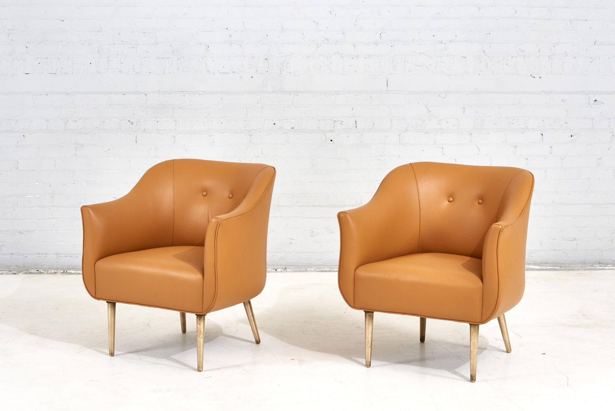 Mid-Century Modern Dunbar Leather and Brass Lounge Chairs by Edward Wormley, 1960 For Sale