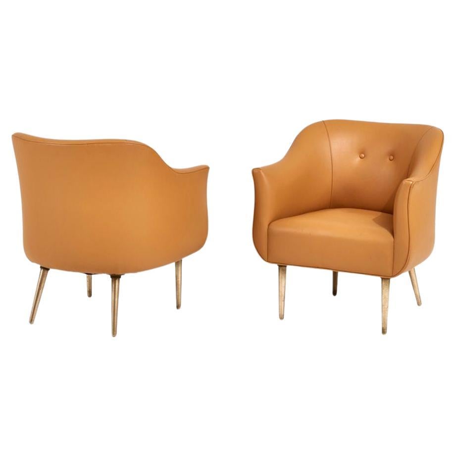 Dunbar Leather and Brass Lounge Chairs by Edward Wormley, 1960 For Sale