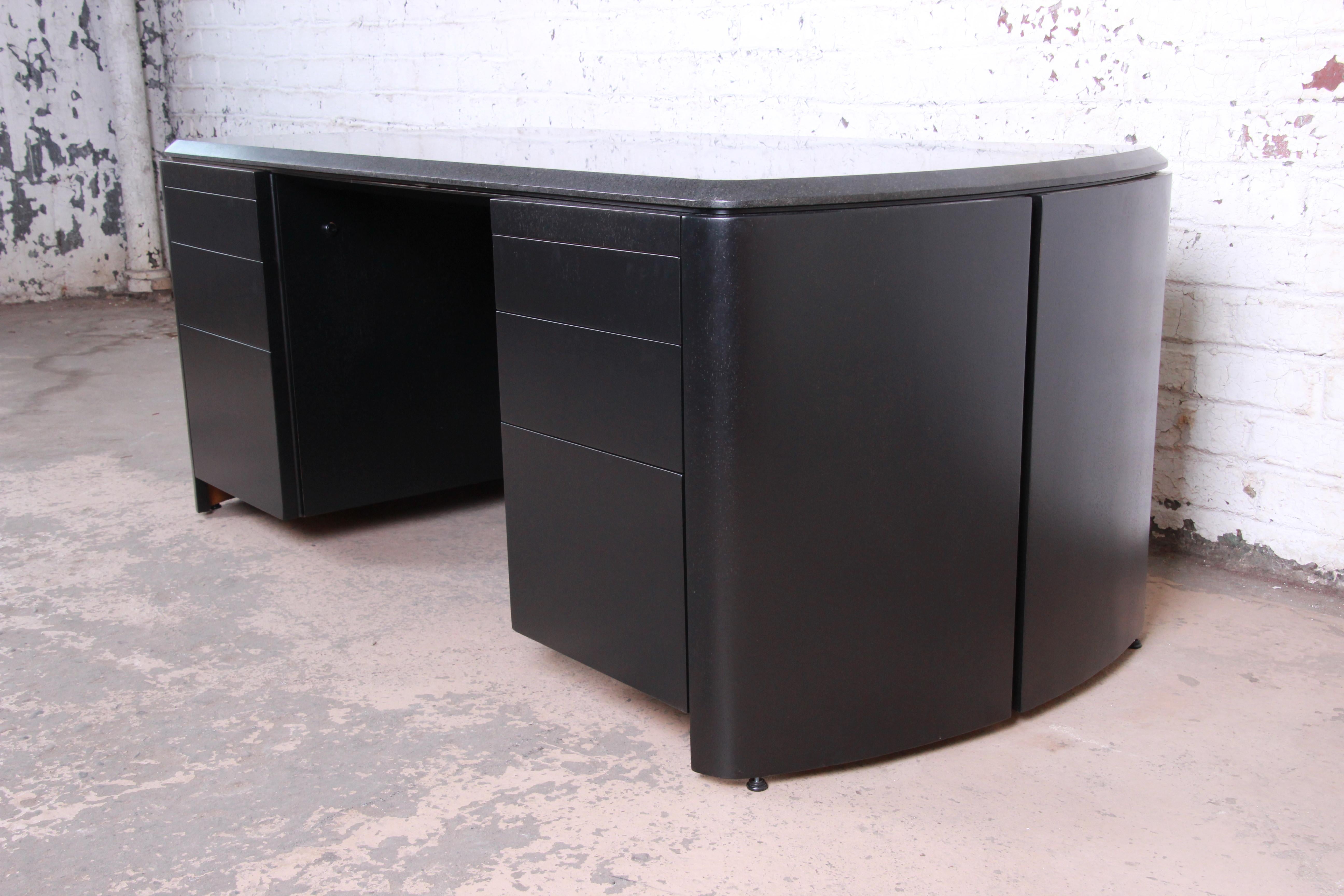 Mid-Century Modern Dunbar Midcentury Ebonized Granite Top Executive Desk, Newly Refinished