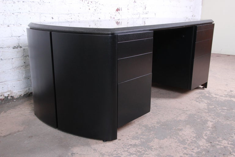 Dunbar Midcentury Ebonized Granite Top Executive Desk, Newly Refinished