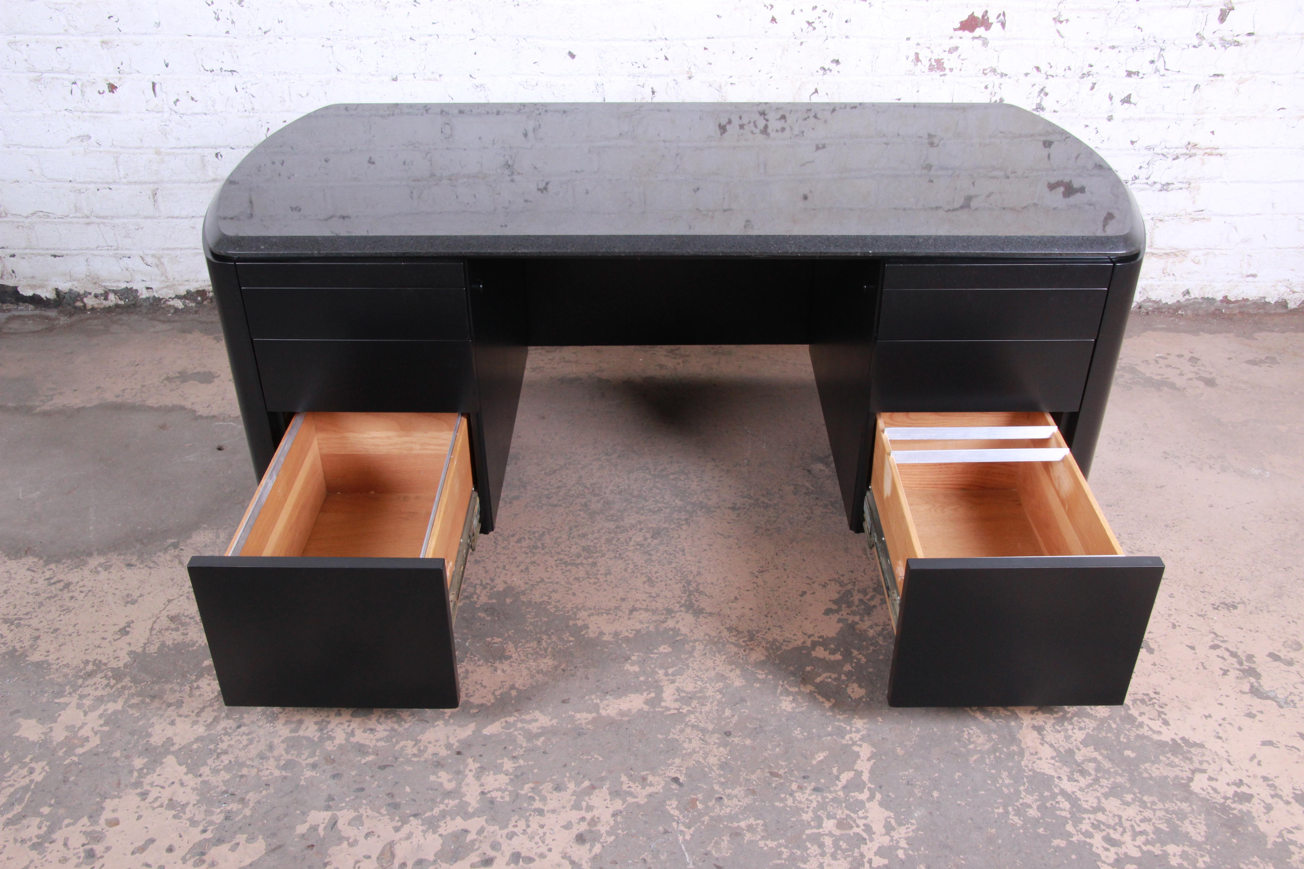 Dunbar Midcentury Ebonized Granite Top Executive Desk, Newly Refinished 2