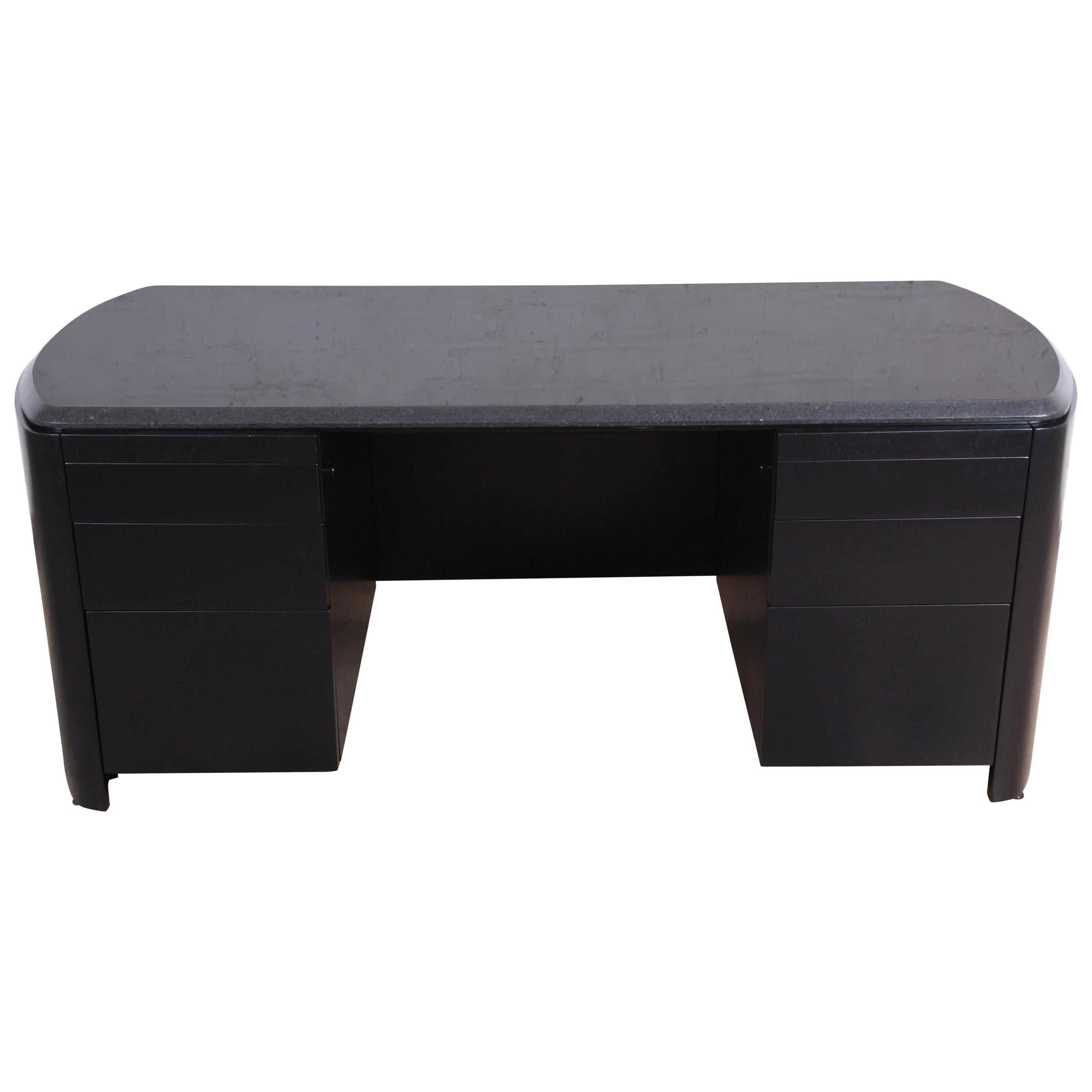 Dunbar Midcentury Ebonized Granite Top Executive Desk, Newly Refinished