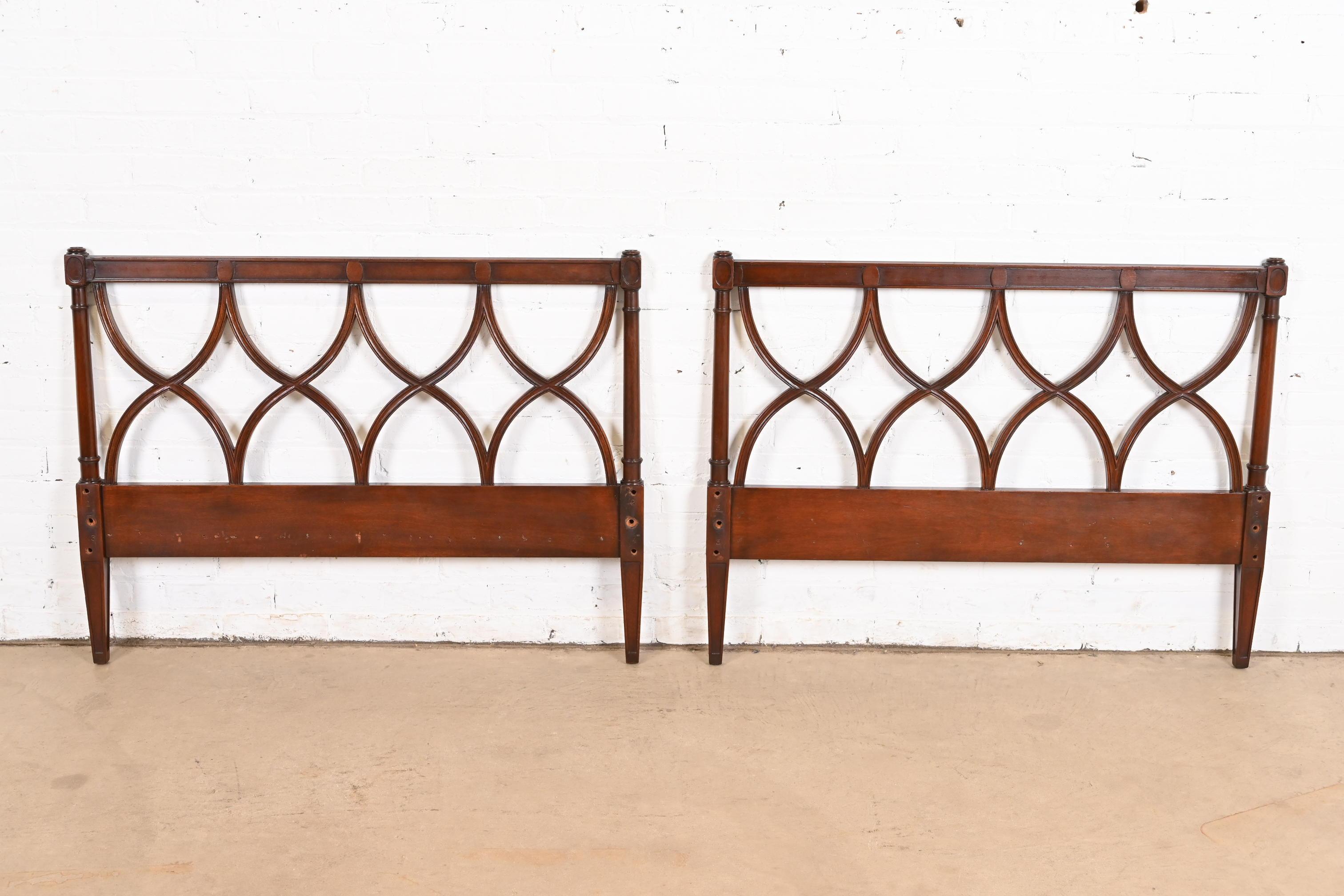 American Dunbar Mid-Century French Regency Louis XVI Carved Mahogany Twin Size Headboards For Sale