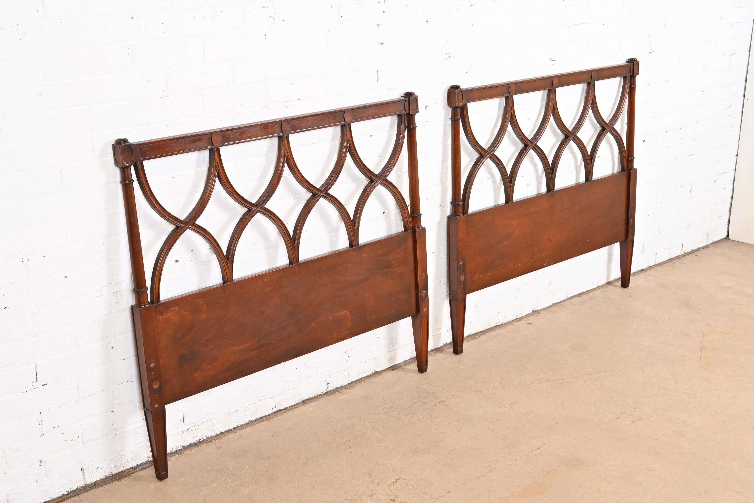 Mid-20th Century Dunbar Mid-Century French Regency Louis XVI Carved Mahogany Twin Size Headboards For Sale