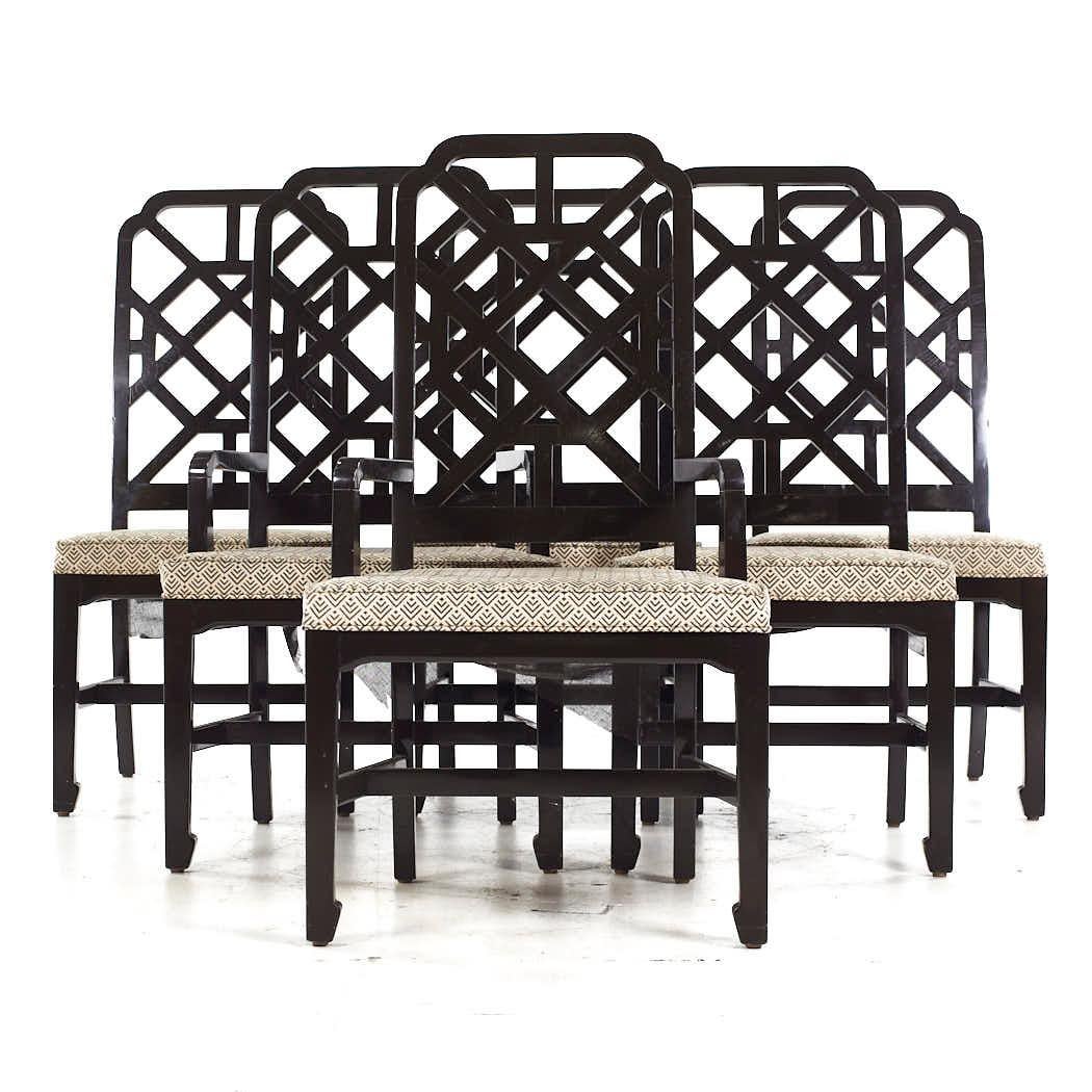 Dunbar Mid Century Lattice Back Dining Chairs - Set of 6

Each armless chair measures: 20 wide x 20.5 deep x 43.5 high, with an approximate seat height of 21.5 inches
Each captains chair measures: 23.75 wide x 20.5 deep x 43.5 high, with an