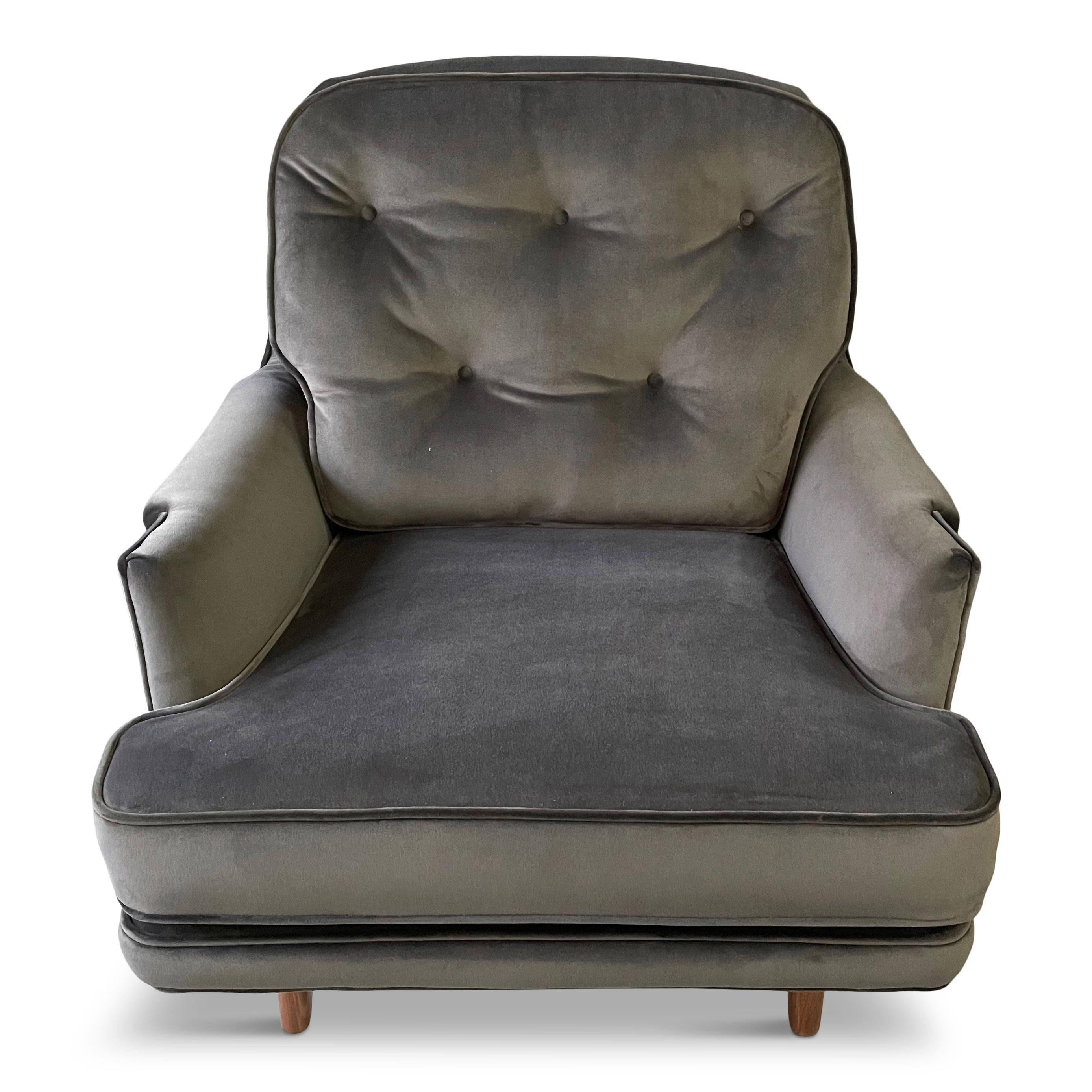 A Dunbar lounge chair model 484 designed by Roger Sprunger. Mahogany frame with new dark grey velvet upholstery.