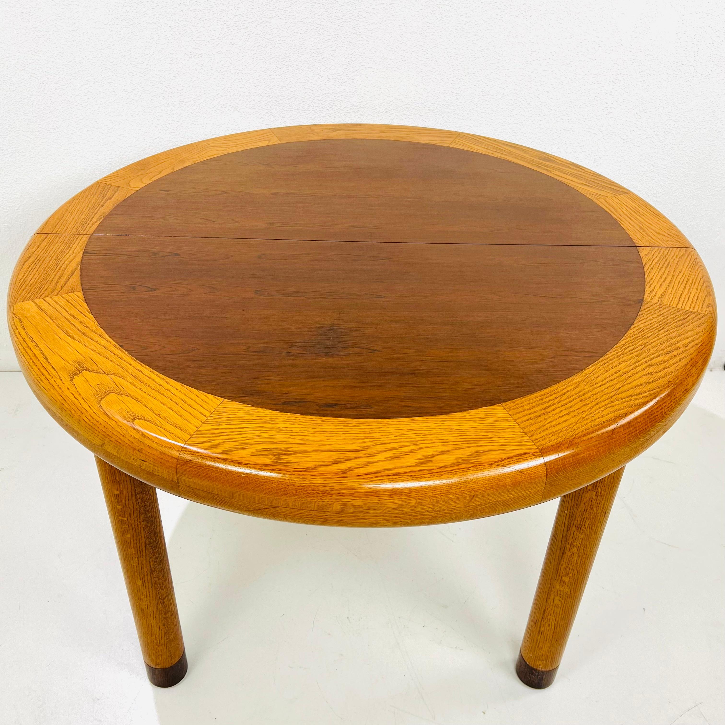 North American Dunbar Mid-Century Modern Banded Oak & Rosewood Dining/Game Table For Sale