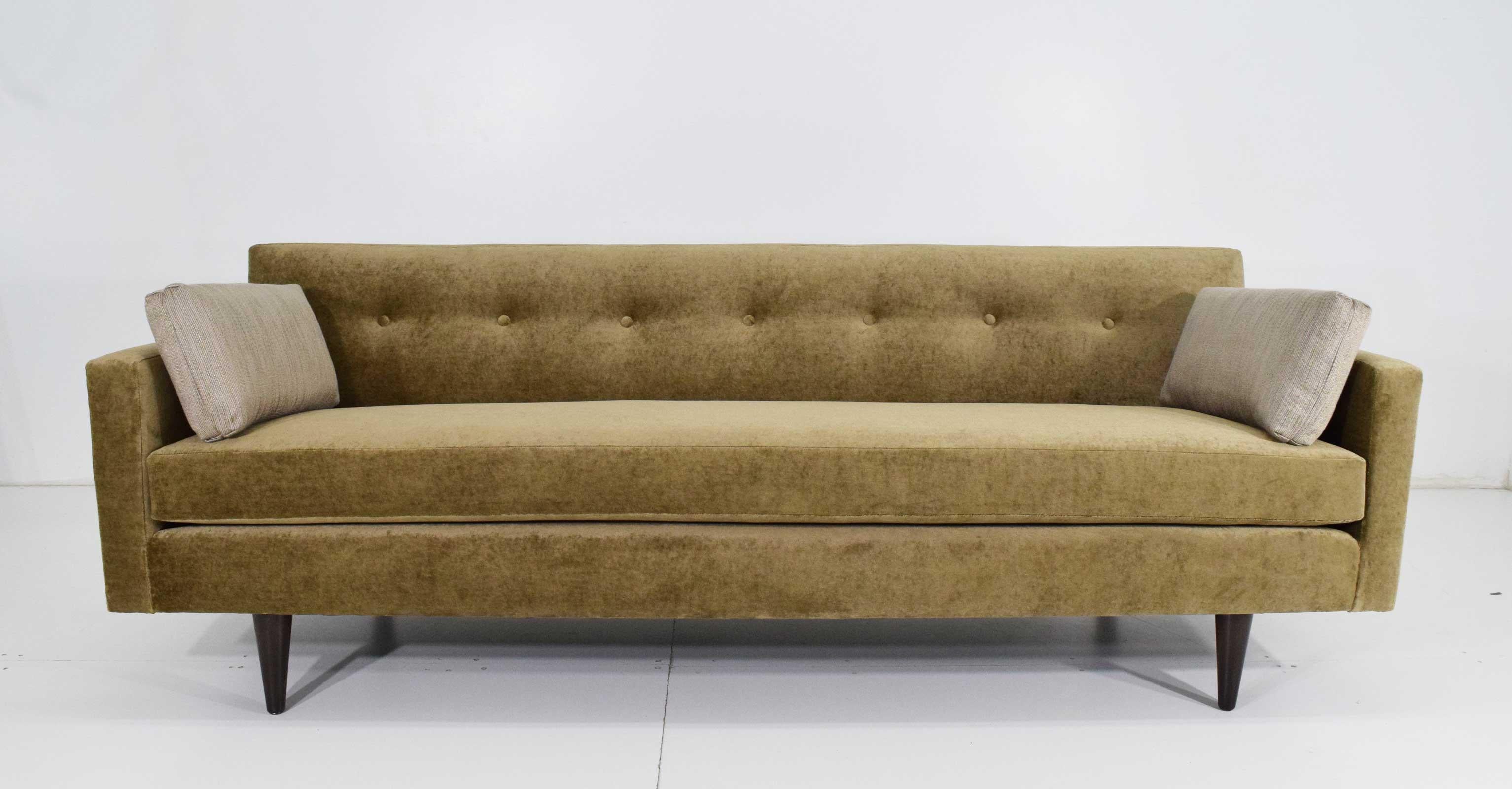 Dunbar sofa newly upholstered in Holly Hunt Cattail 100% linen with accent pillows in Holly Hunt Smokey Quartz.