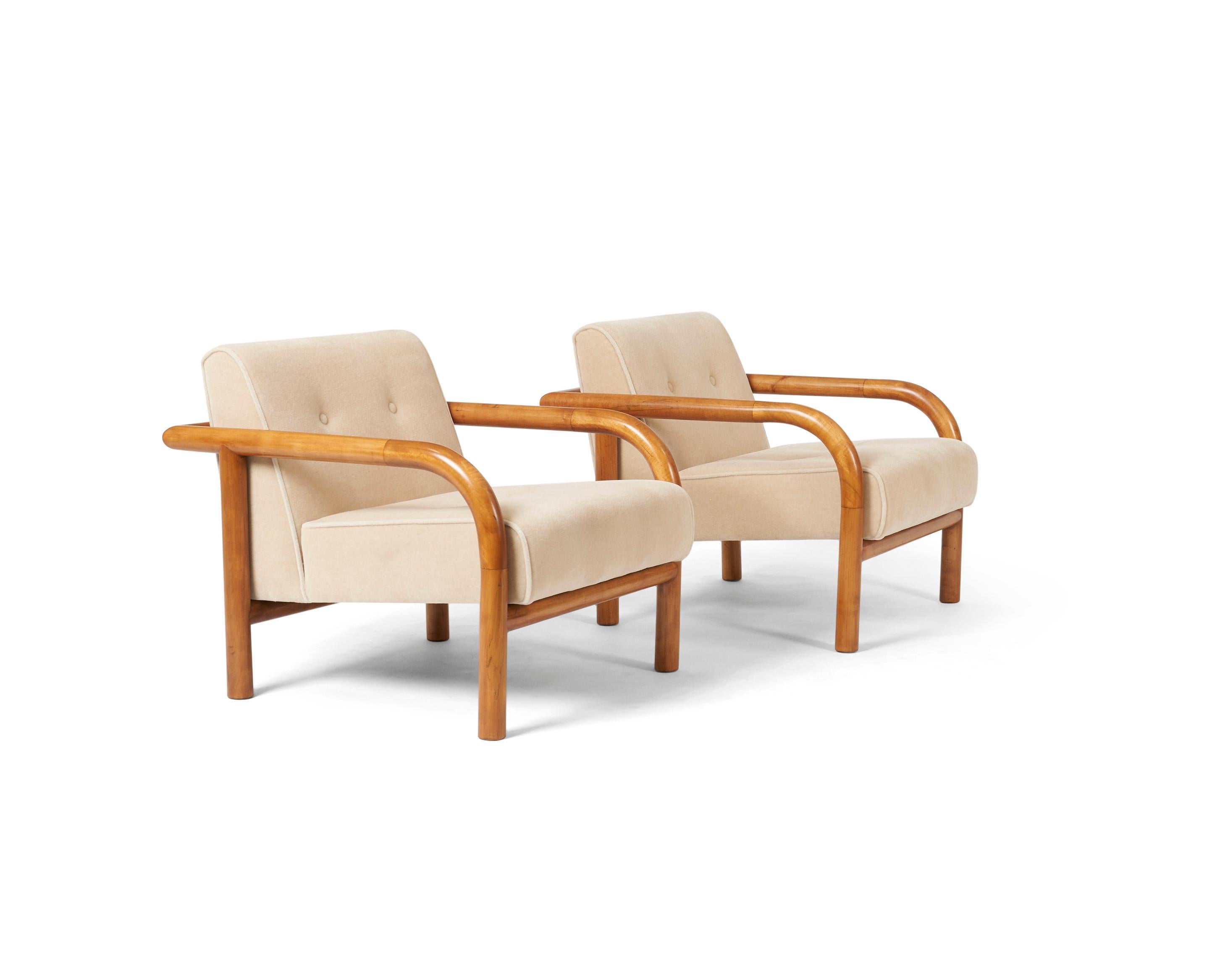 Pair of Postmodern lounge chairs designed by John Saladino for Dunbar in 1981. Fully restored. Refinished wood frames with new foam and mohair upholstery.