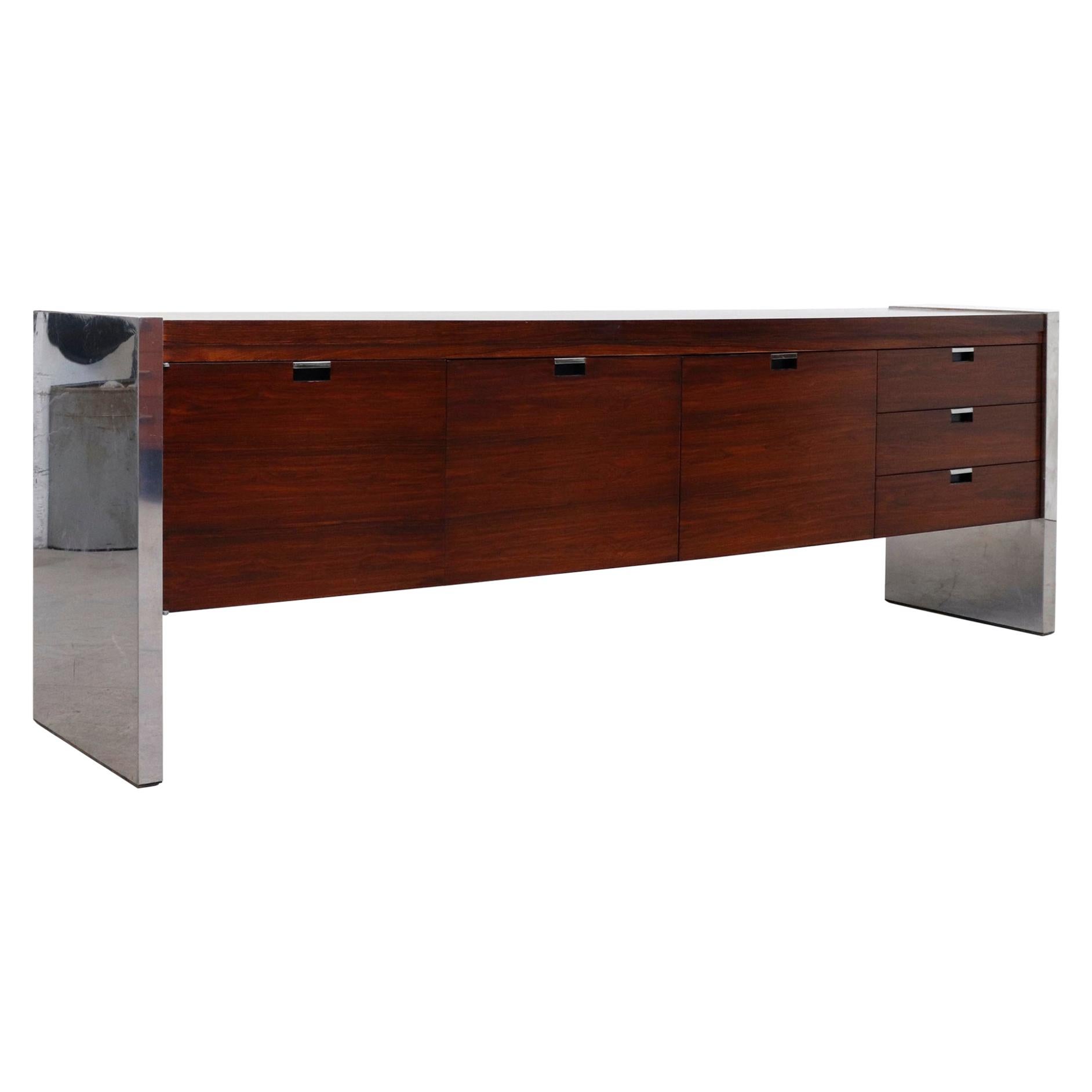 Dunbar Rosewood and Chrome Credenza by Roger Sprunger